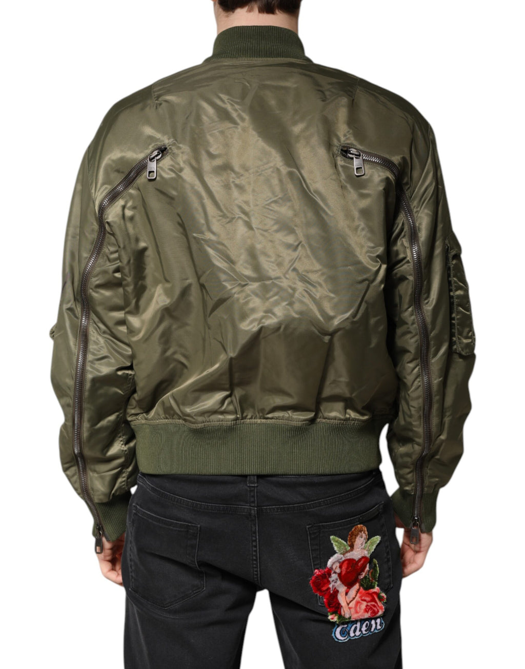 Veste bomber pour homme en nylon vert de Dolce & Gabbana avec fermeture éclair complète, style urbain et moderne.