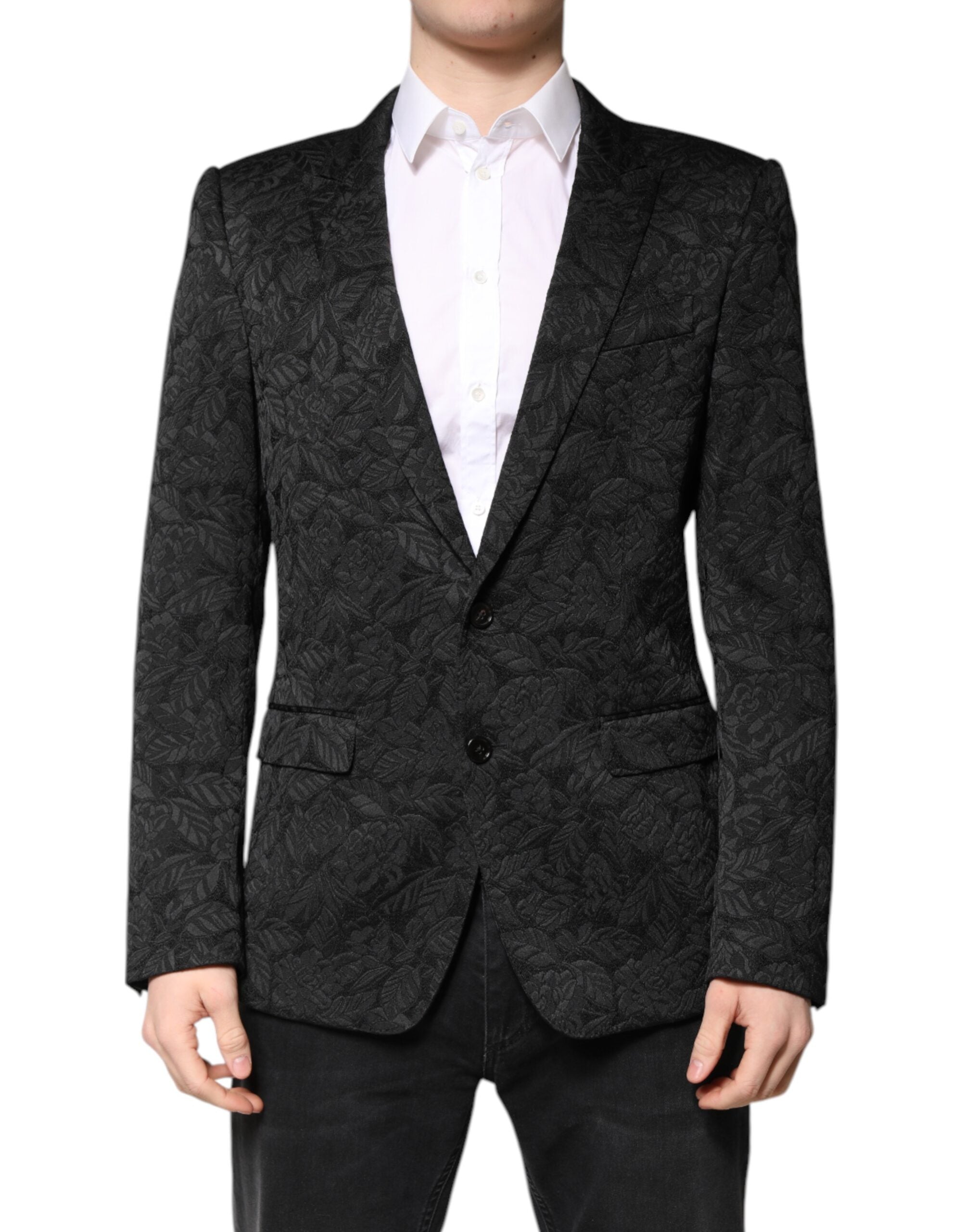 Veste blazer noire Dolce & Gabbana MARTINI en brocart à un bouton, élégante et sophistiquée, vue de face.