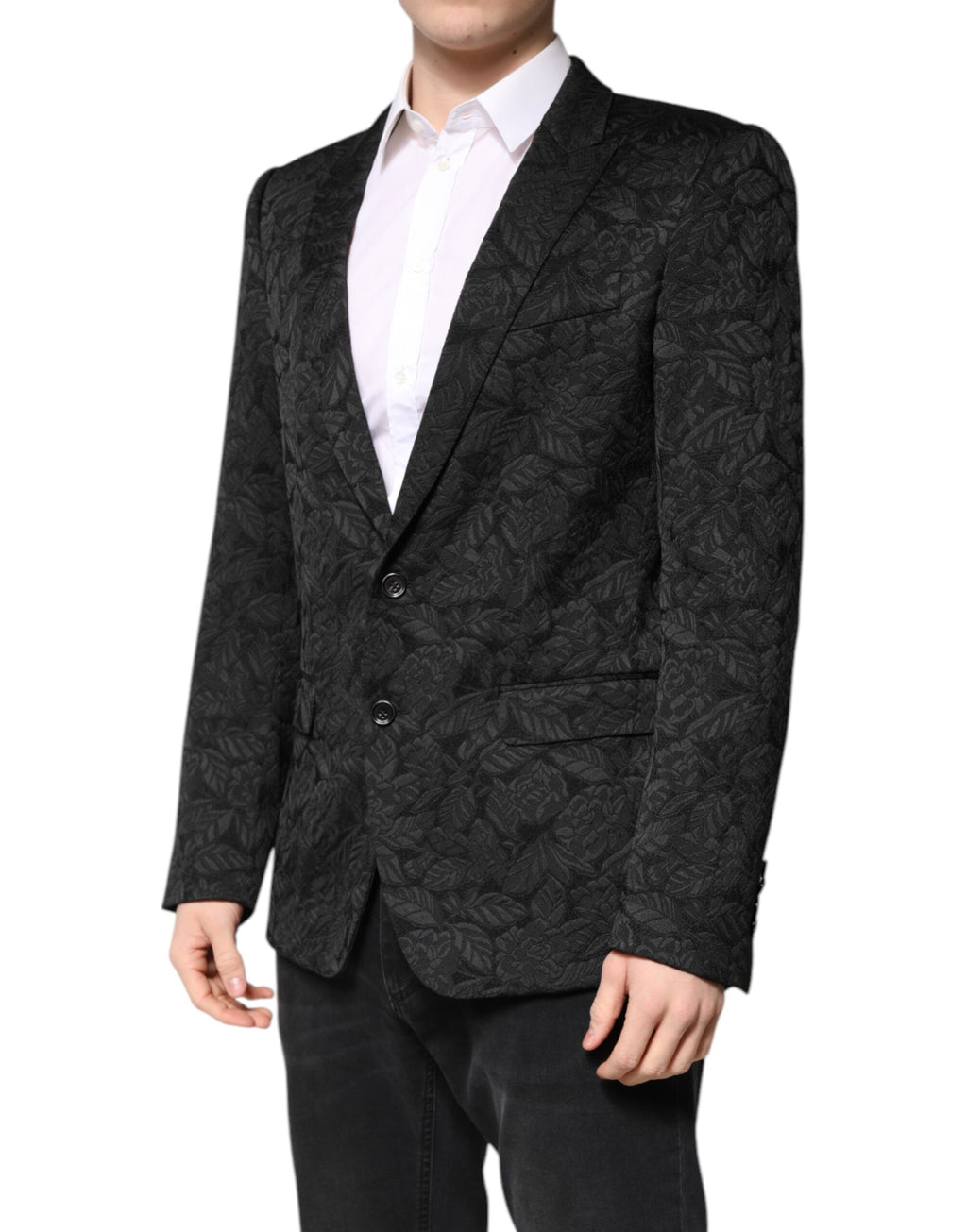 Veste noire Dolce & Gabbana MARTINI en brocart à un bouton, blazer en tissu élégant avec revers classiques.
