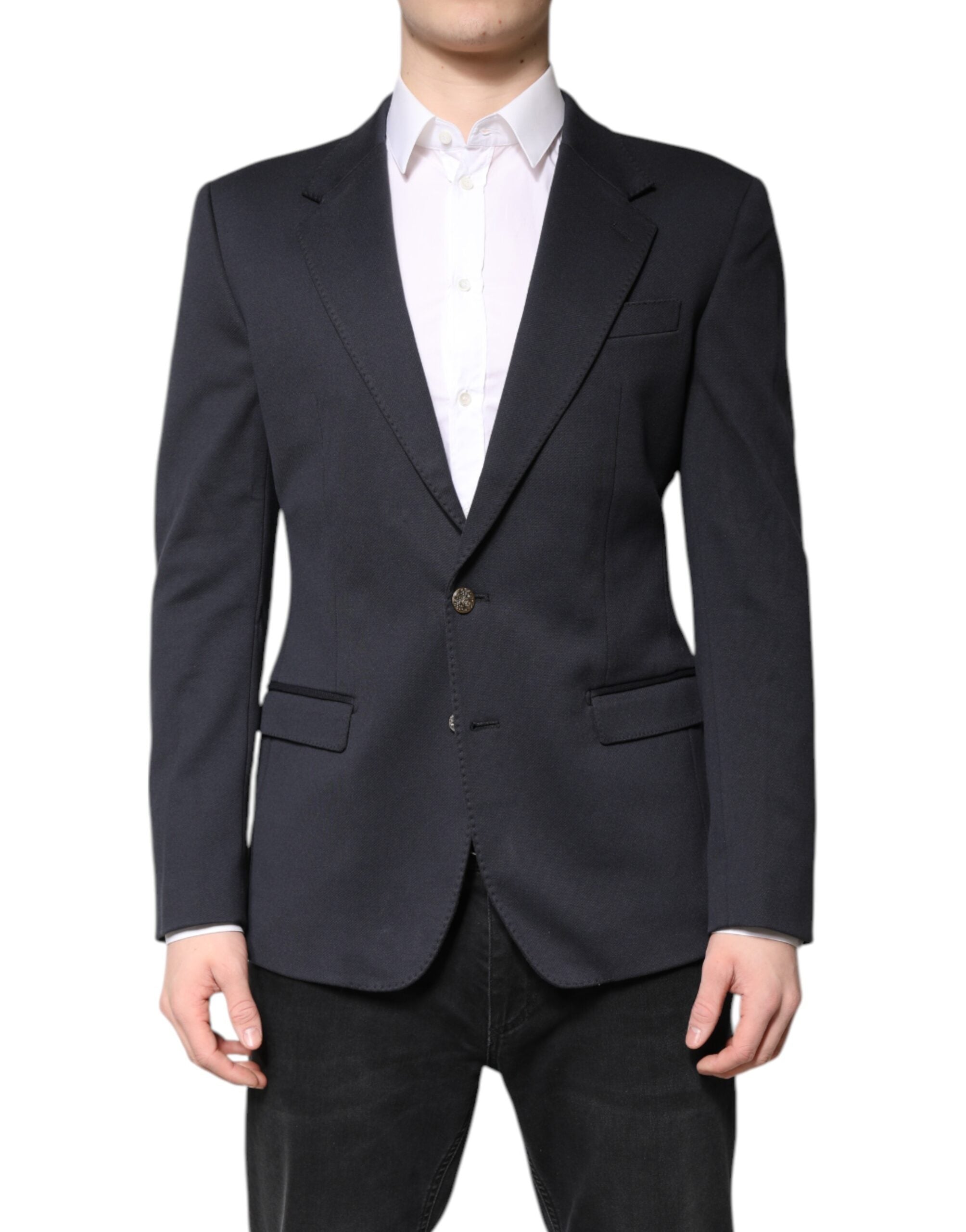 Veste pour homme Dolce & Gabbana en coton bleu foncé, blazer élégant avec coupe classique et détails soignés.