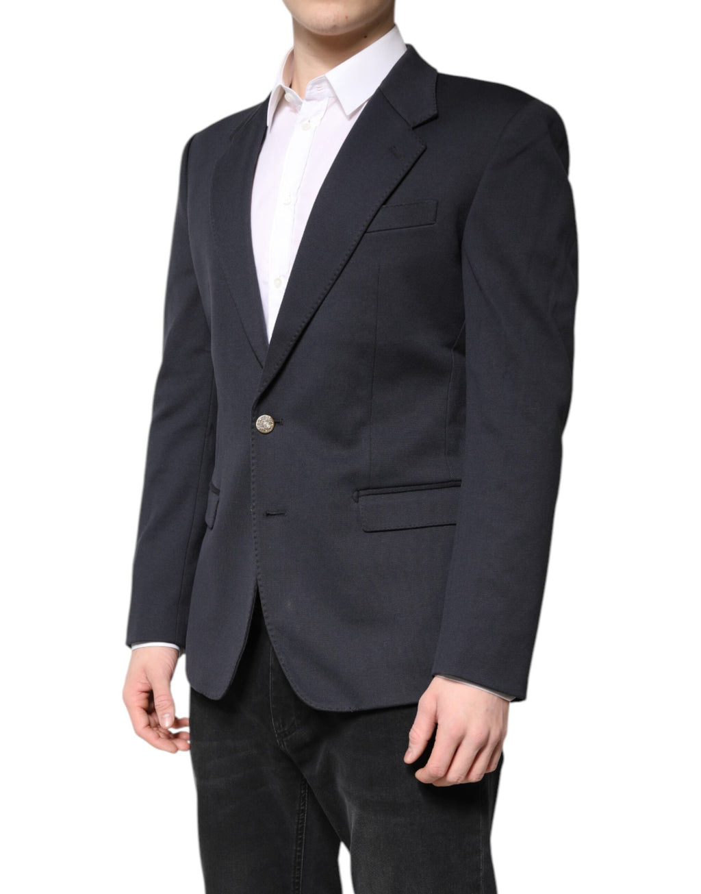 Veste homme en coton bleu foncé de Dolce & Gabbana, blazer élégant avec coupe classique et détails raffinés.