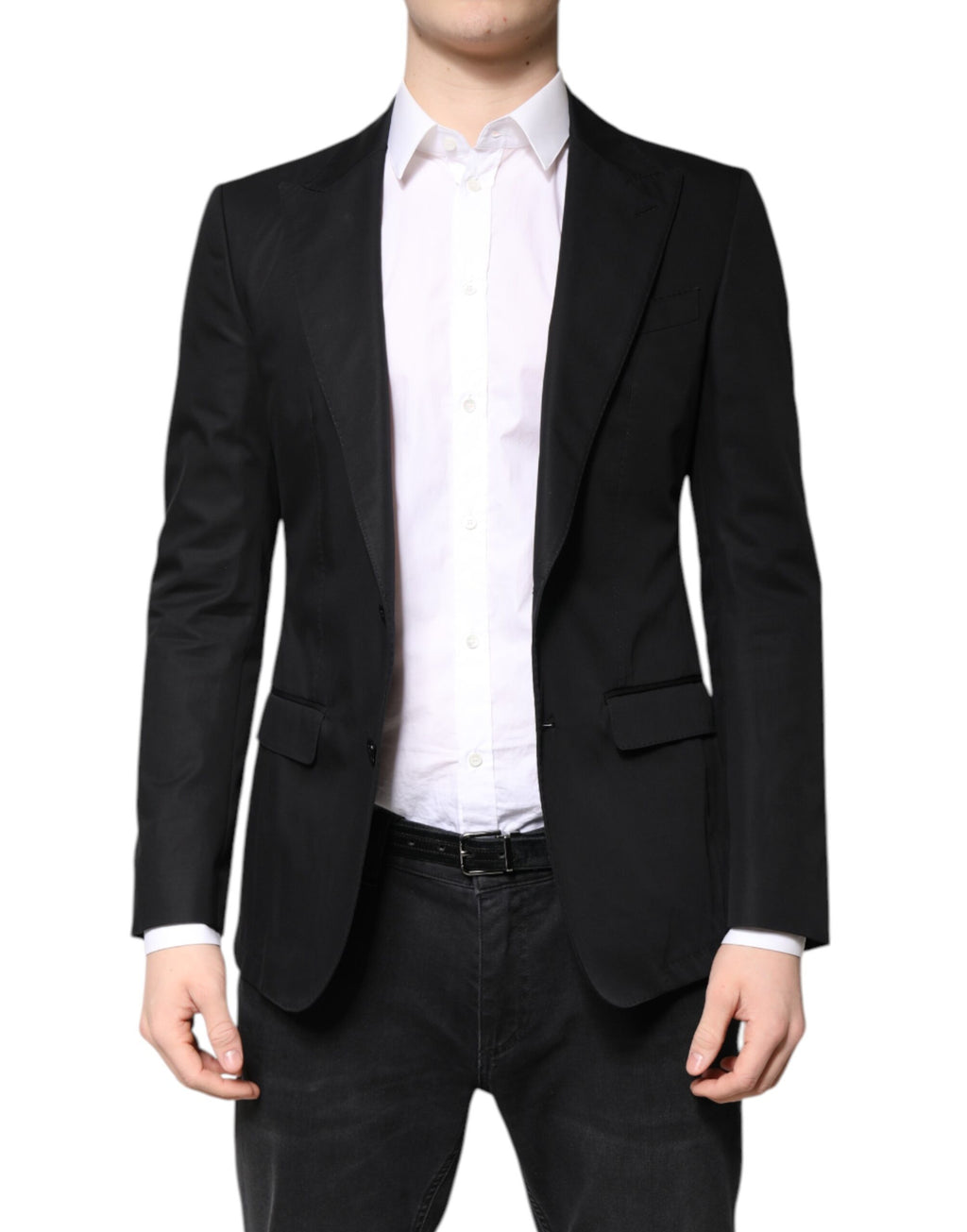 Manteau noir en coton pour homme de Dolce & Gabbana, blazer à simple boutonnage, élégante coupe classique.