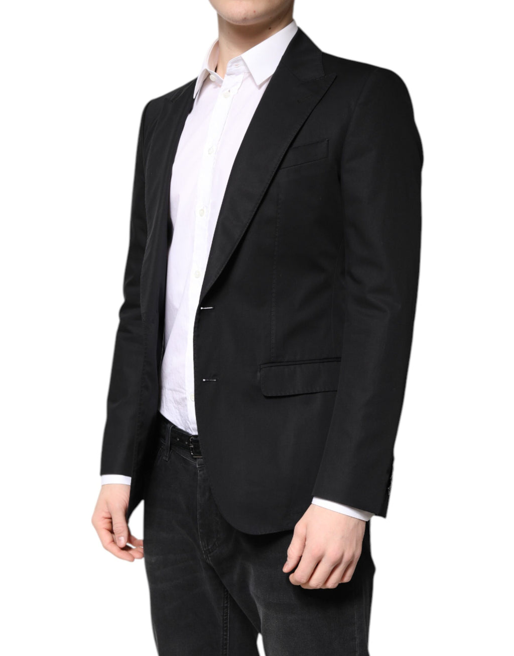 Manteau pour homme Dolce & Gabbana en coton noir, blazer à un bouton, coupe élégante et classique.
