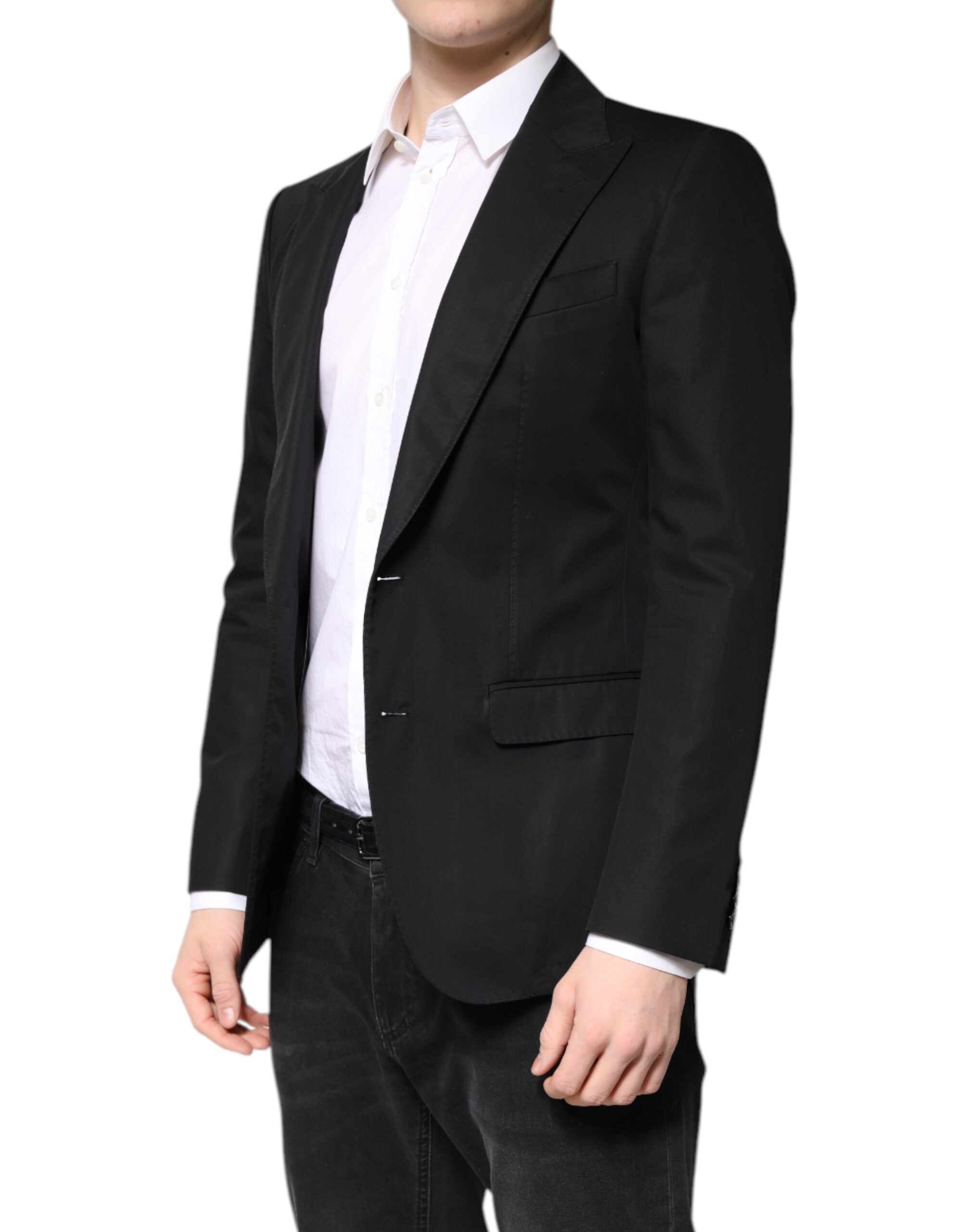 Manteau pour homme Dolce & Gabbana en coton noir, blazer à un bouton, coupe élégante et classique.
