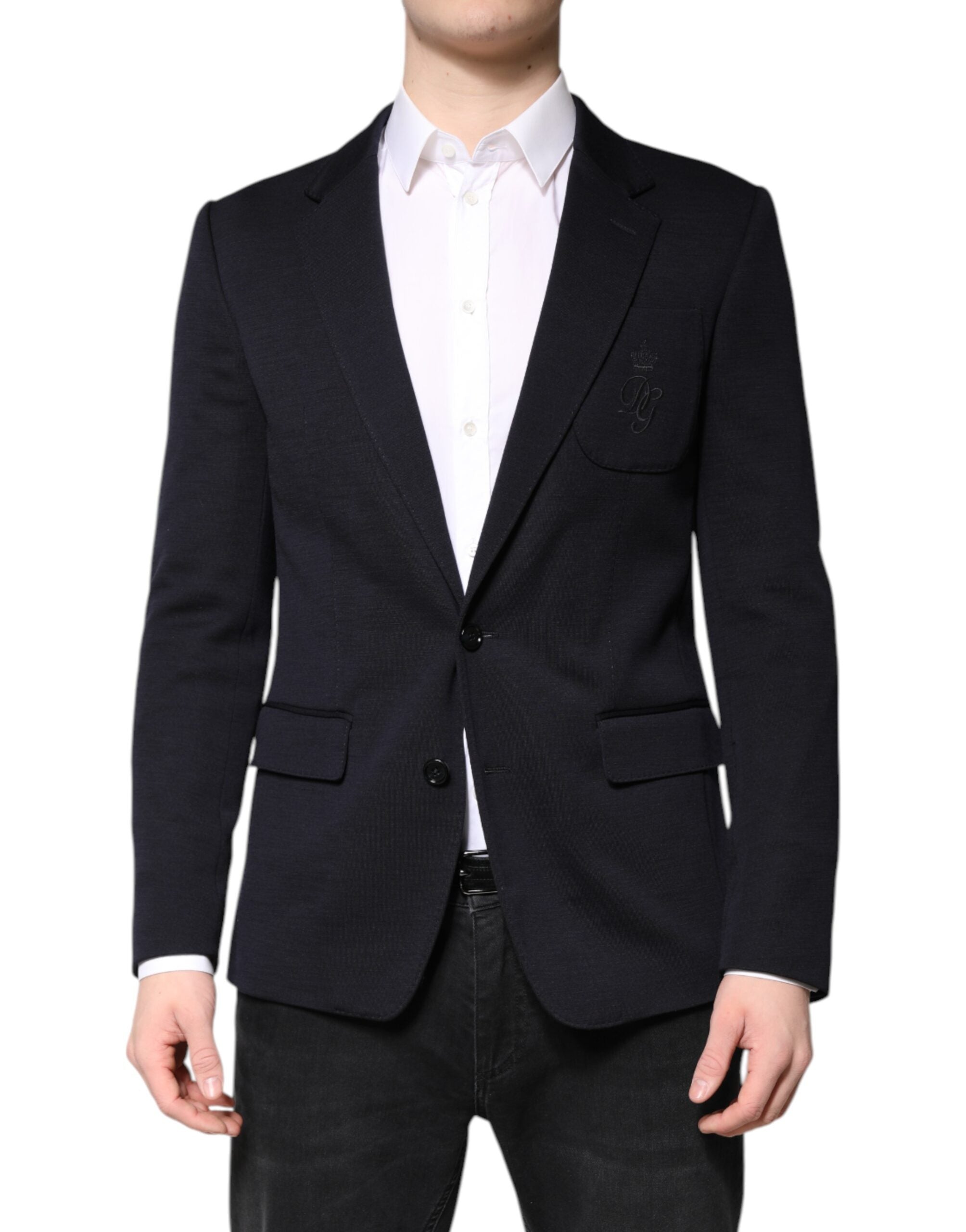 Manteau blazer noir en laine Dolce & Gabbana, coupe simple boutonnière, porté sur un mannequin.