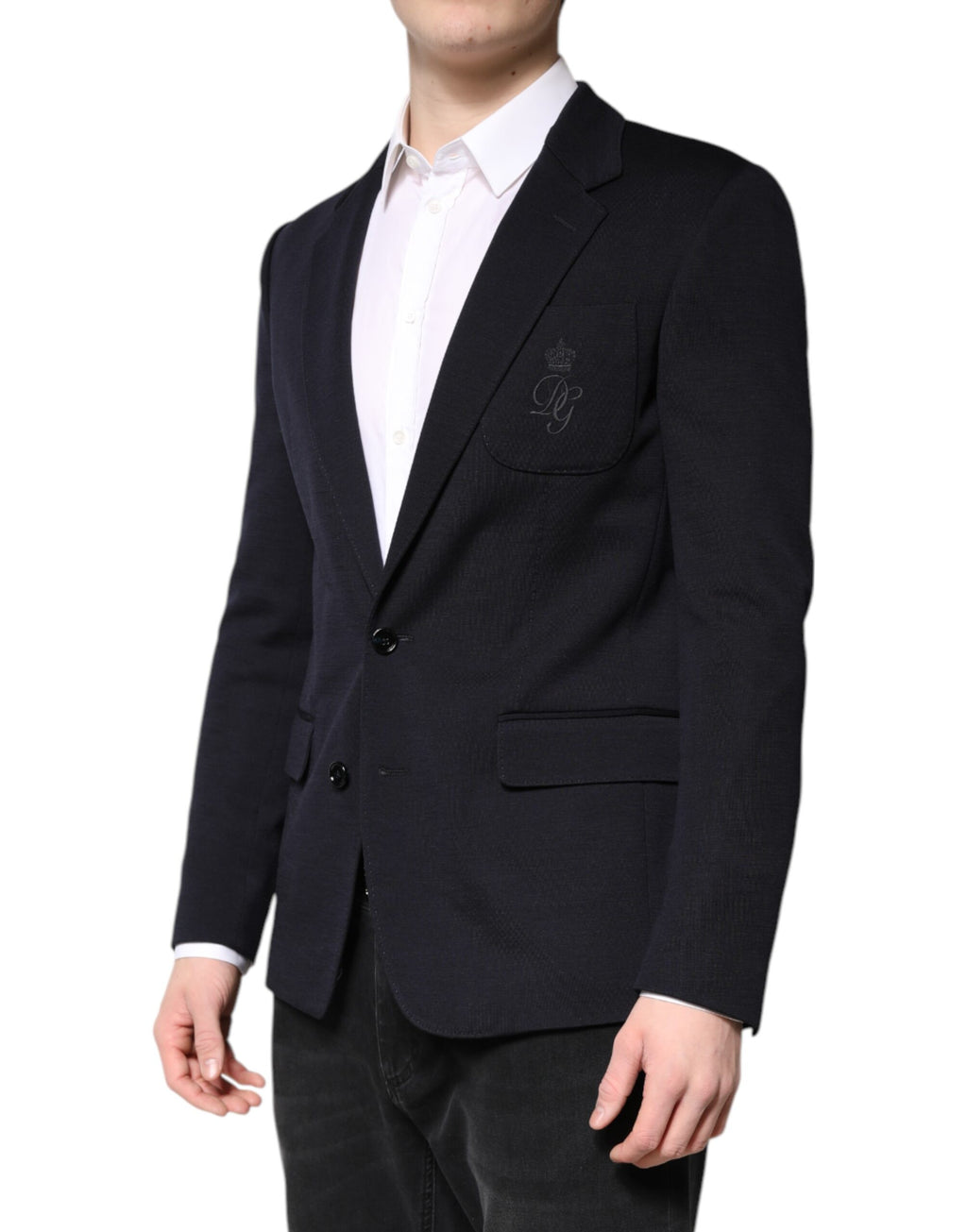 Veste blazer noire en laine Dolce & Gabbana, coupe simple boutonnage, porté sur un mannequin.