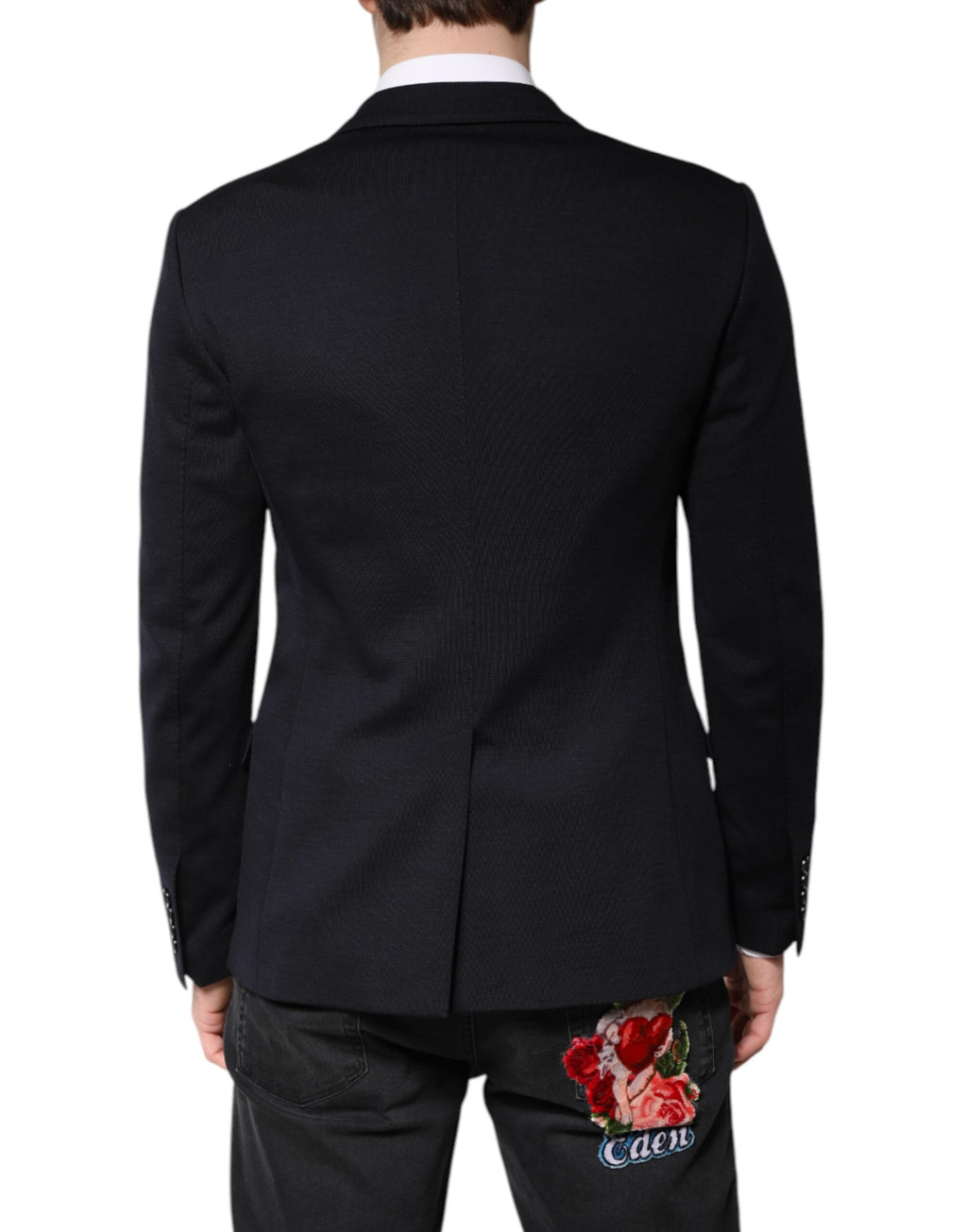 Veste blazer en laine noire Dolce & Gabbana à double boutonnage, élégante et sophistiquée, vue de face.