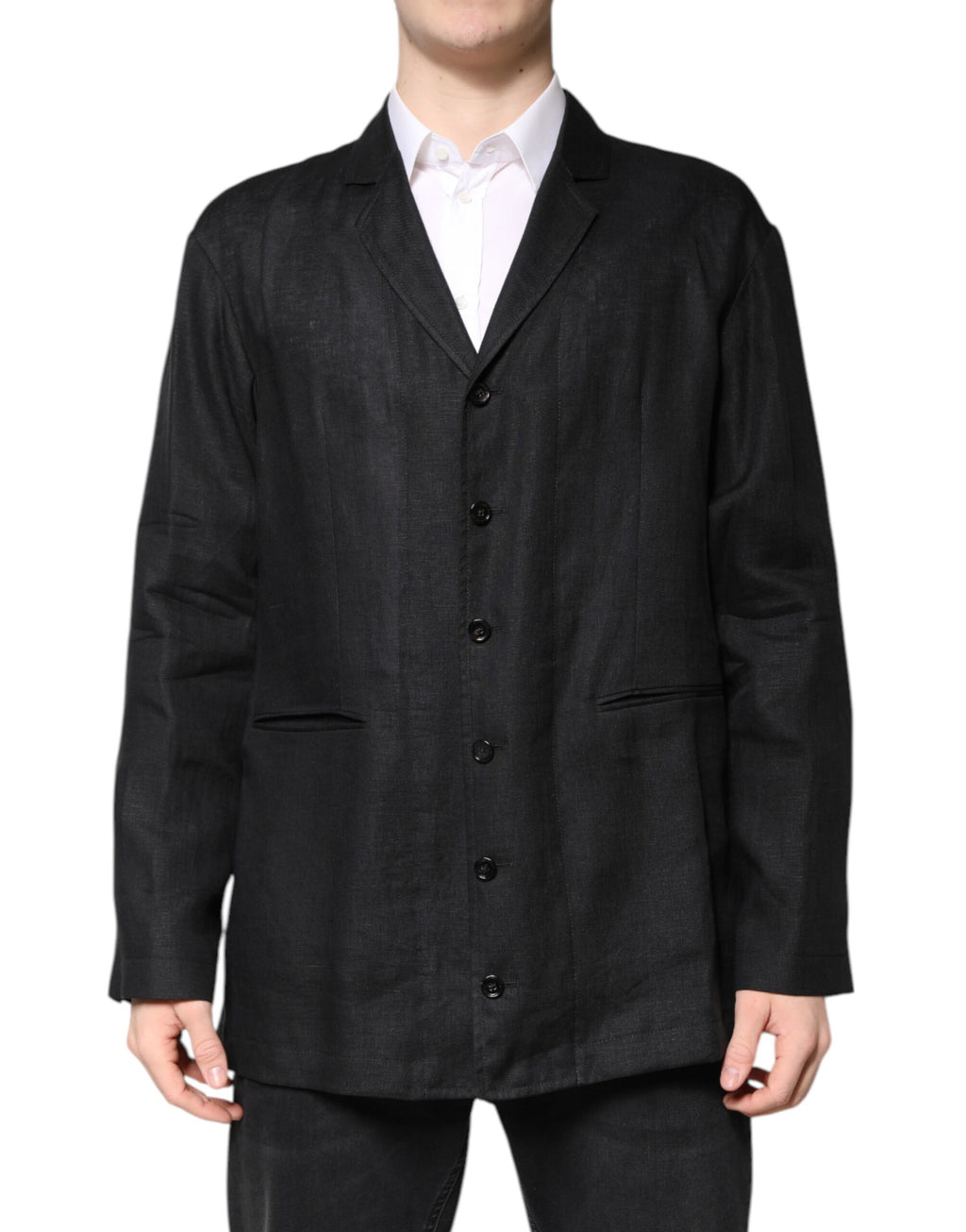 Manteau blazer homme en lin noir Dolce & Gabbana, coupe simple et élégante, avec boutonnières sur le devant.