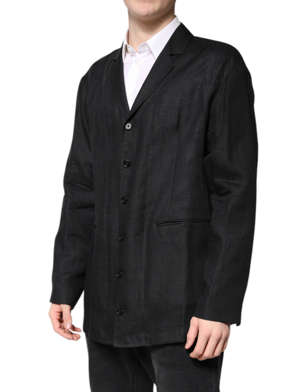 Manteau homme noir en lin Dolce & Gabbana, blazer à simple boutonnage, vue de face sur mannequin.