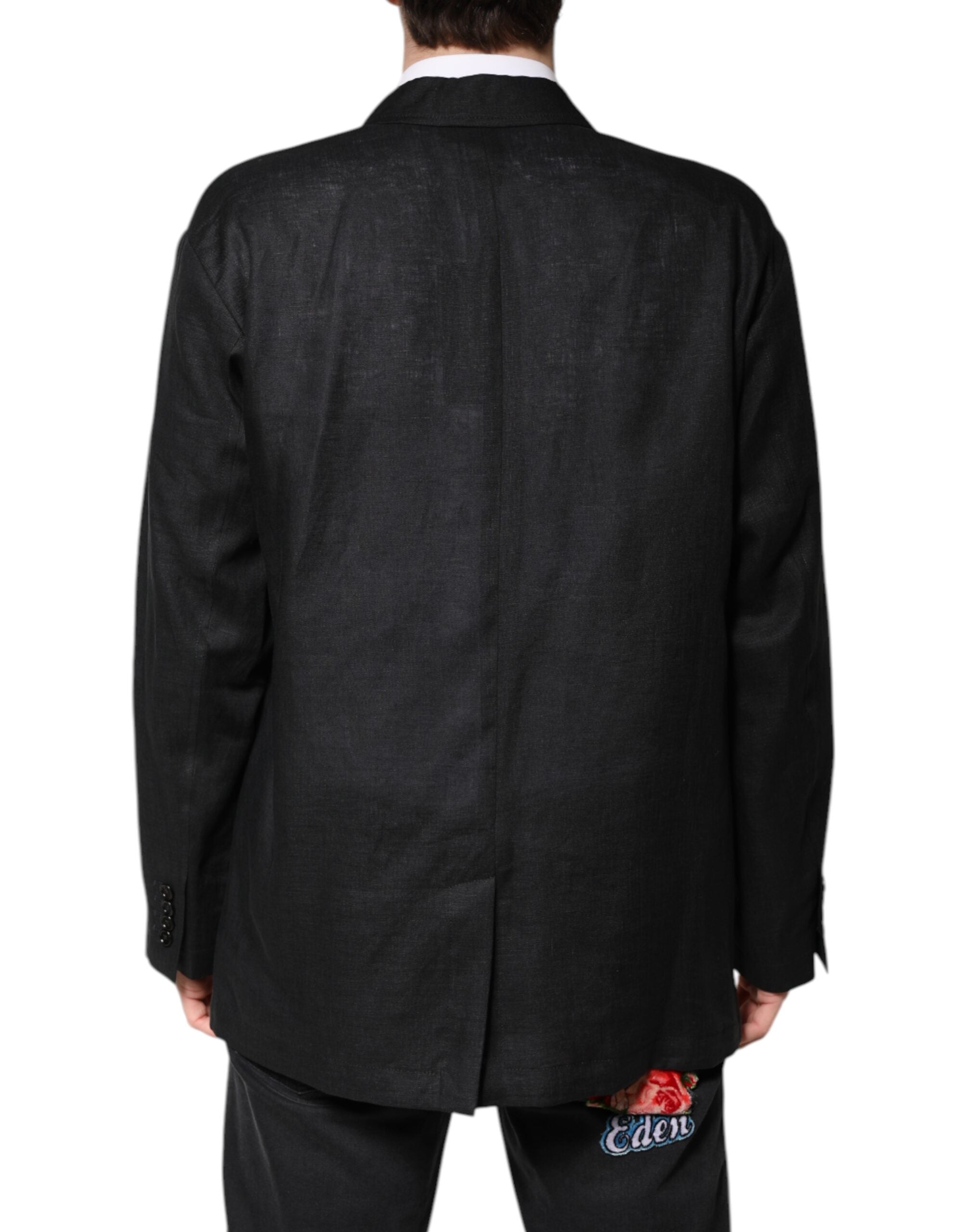 Manteau homme en lin noir Dolce & Gabbana, blazer simple boutonnière, élégant et classique, vue de face sur un mannequin.