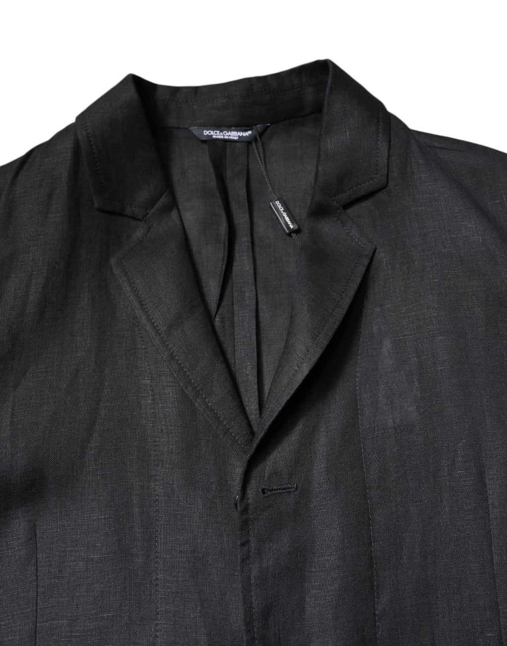 Blouson homme en lin noir Dolce & Gabbana, blazer à un bouton, style élégant et classique.