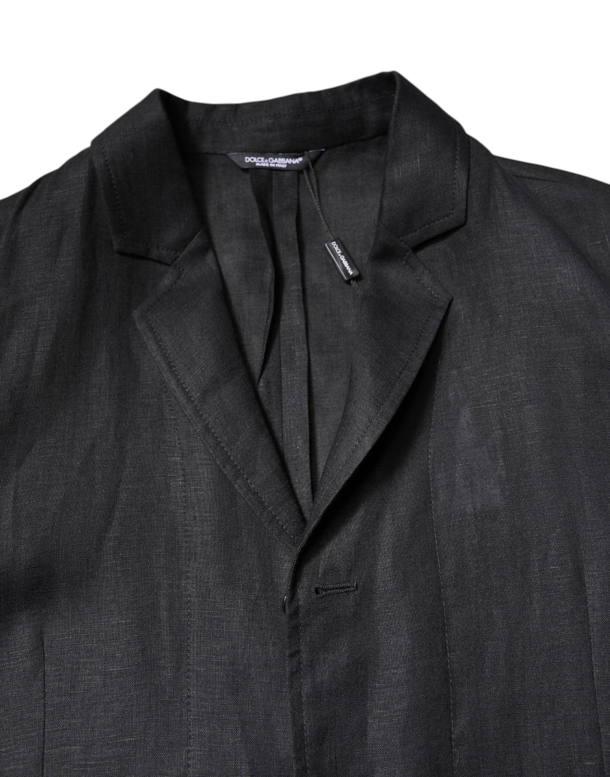 Blouson homme en lin noir Dolce & Gabbana, blazer à un bouton, style élégant et classique.