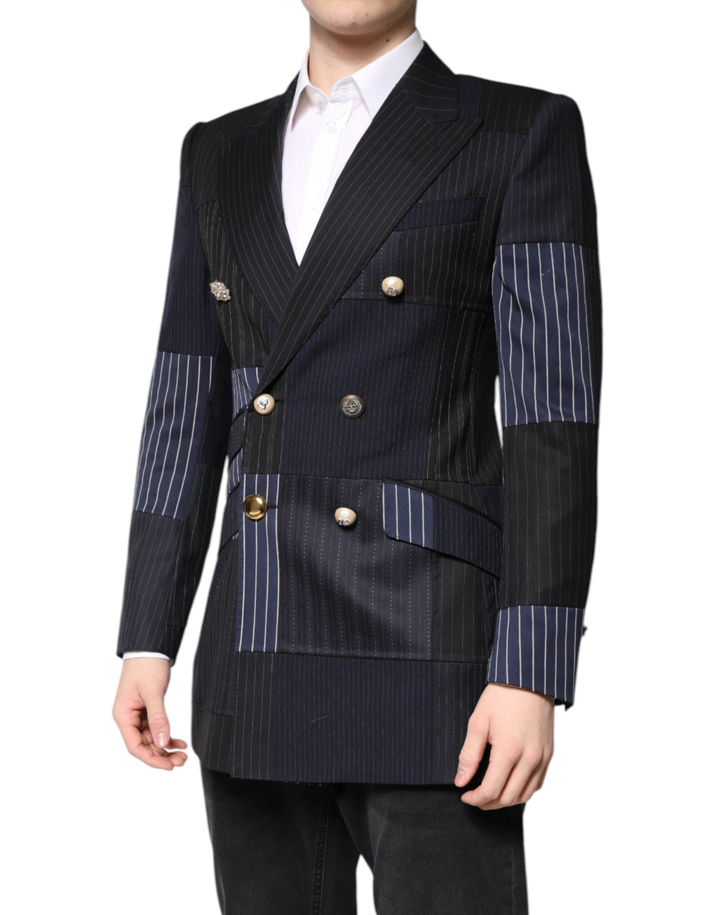 Veste blazer Dolce & Gabbana à patchwork multicolore, manteau et costume élégant avec motifs colorés.