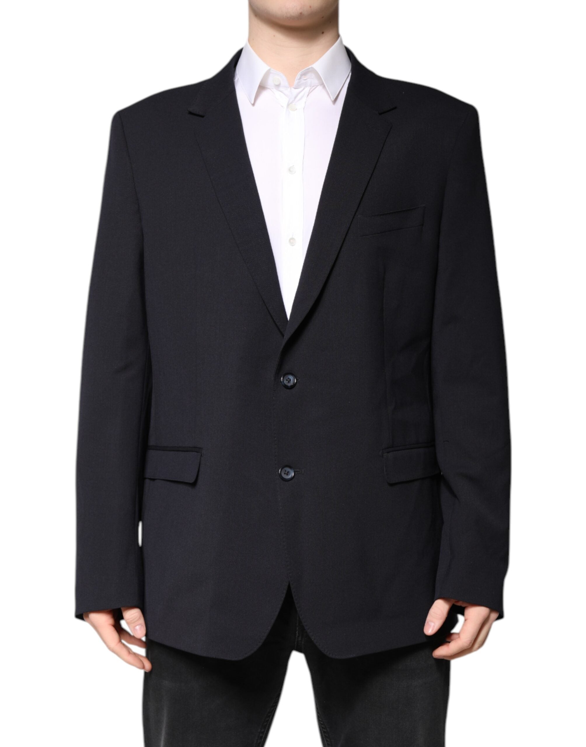 Veste blazer en laine bleu foncé Dolce & Gabbana à boutonnière simple, élégante et ajustée, vue de face.