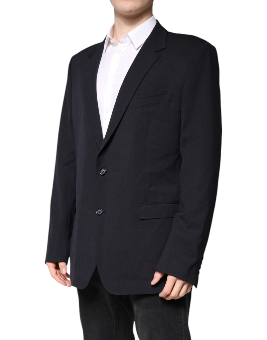 Manteau blazer en laine bleu foncé à double boutonnage de Dolce & Gabbana, coupe élégante et classique.