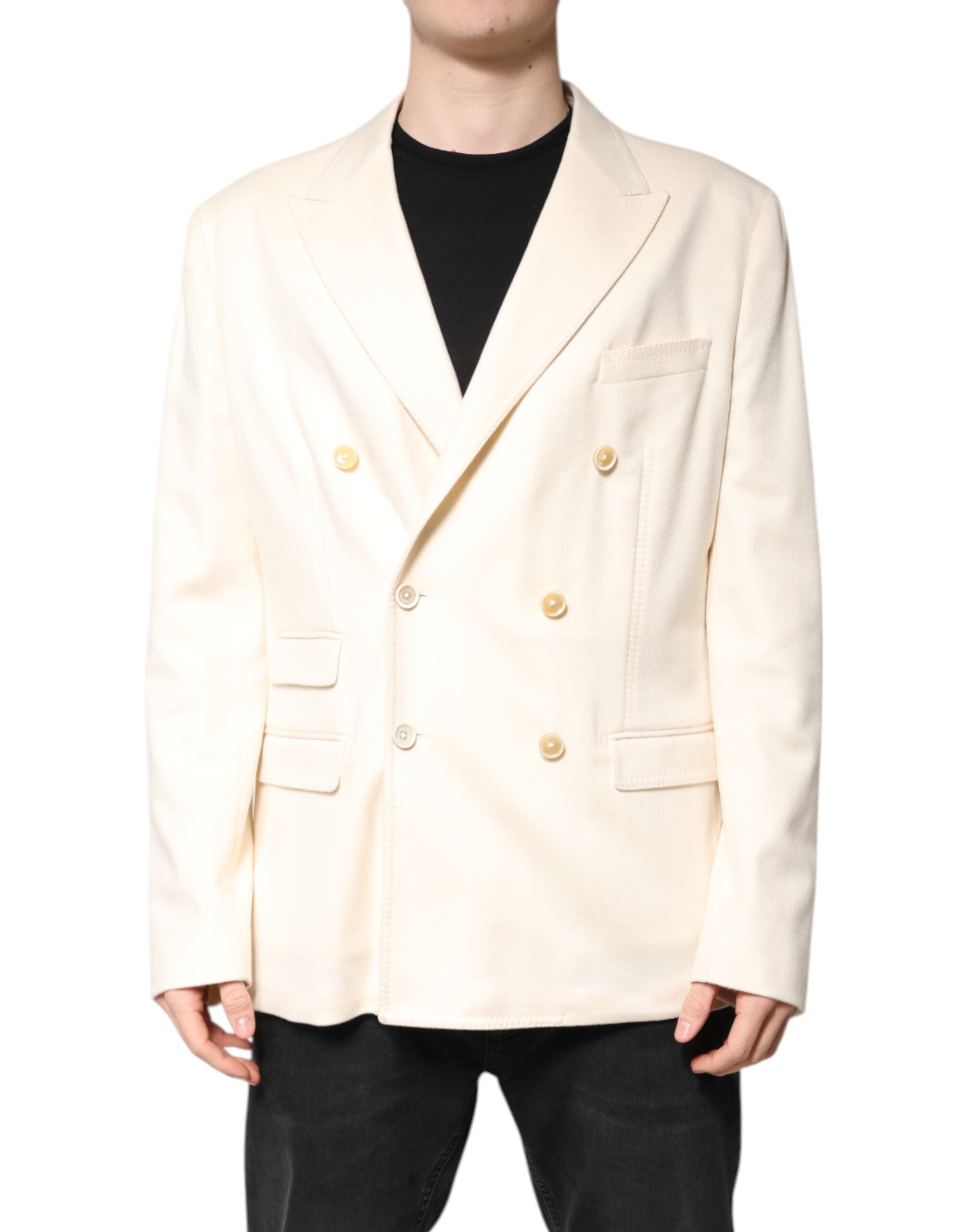 Manteau blazer beige en cachemire double boutonnage de Dolce & Gabbana, style élégant et chaud, visible sur l'image.