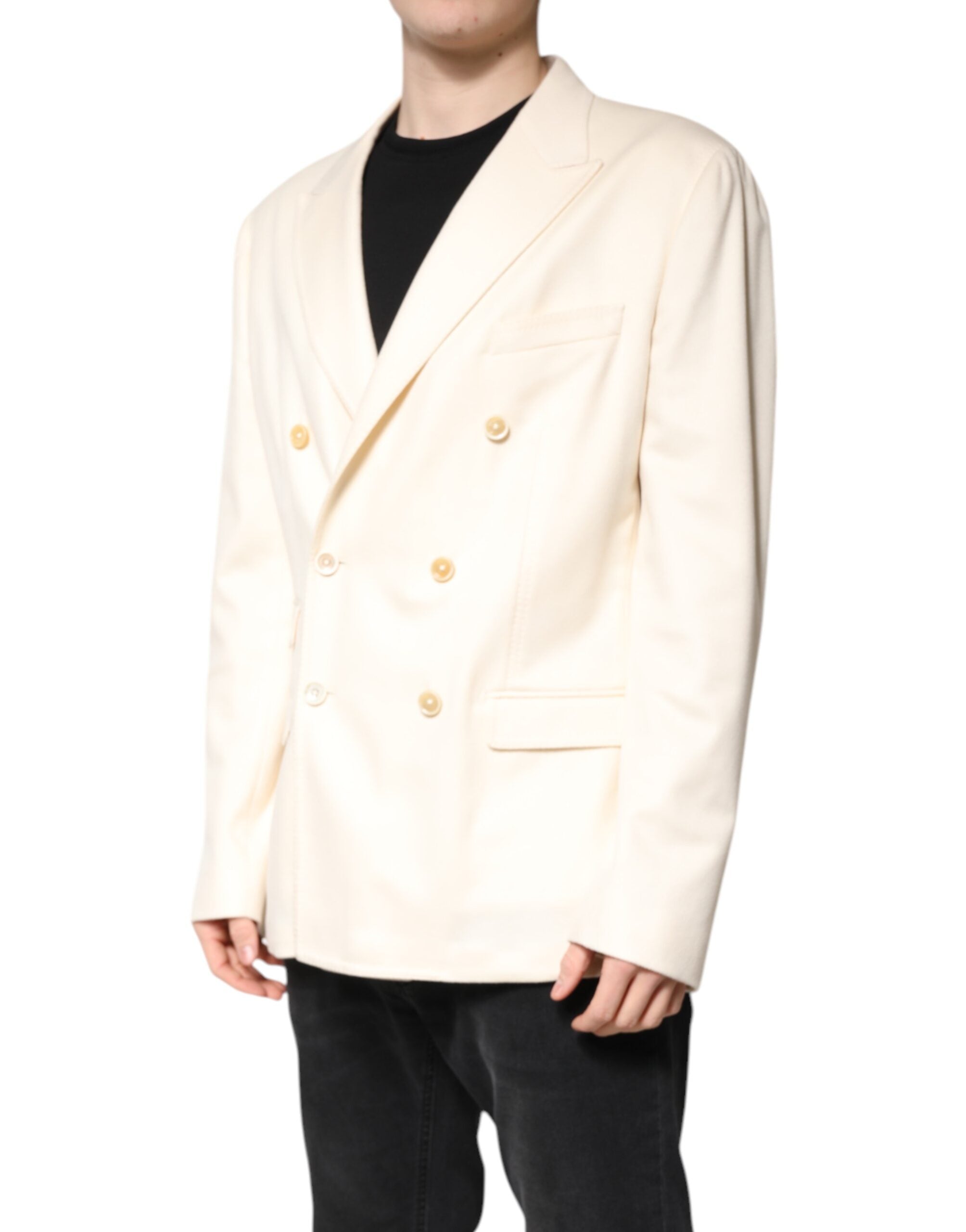 Manteau blazer beige en cachemire Dolce & Gabbana à double boutonnage, élégant et chaud, porté sur un mannequin.
