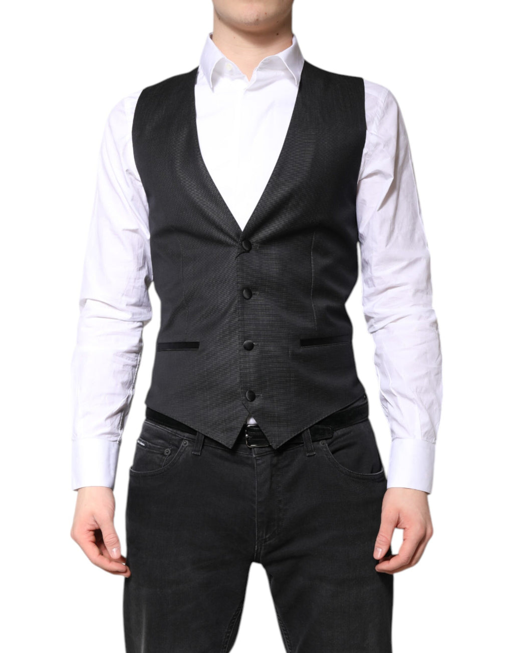 Gilet de costume noir en laine Dolce & Gabbana, robe ajustée formelle, détail élégant et tissu de qualité.