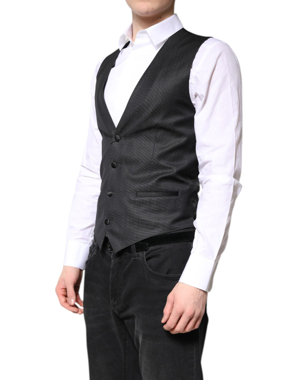 Gilet derobe en laine noire Dolce & Gabbana, veste formelle élégante pour femme, détails sophistiqués et coupe ajustée.