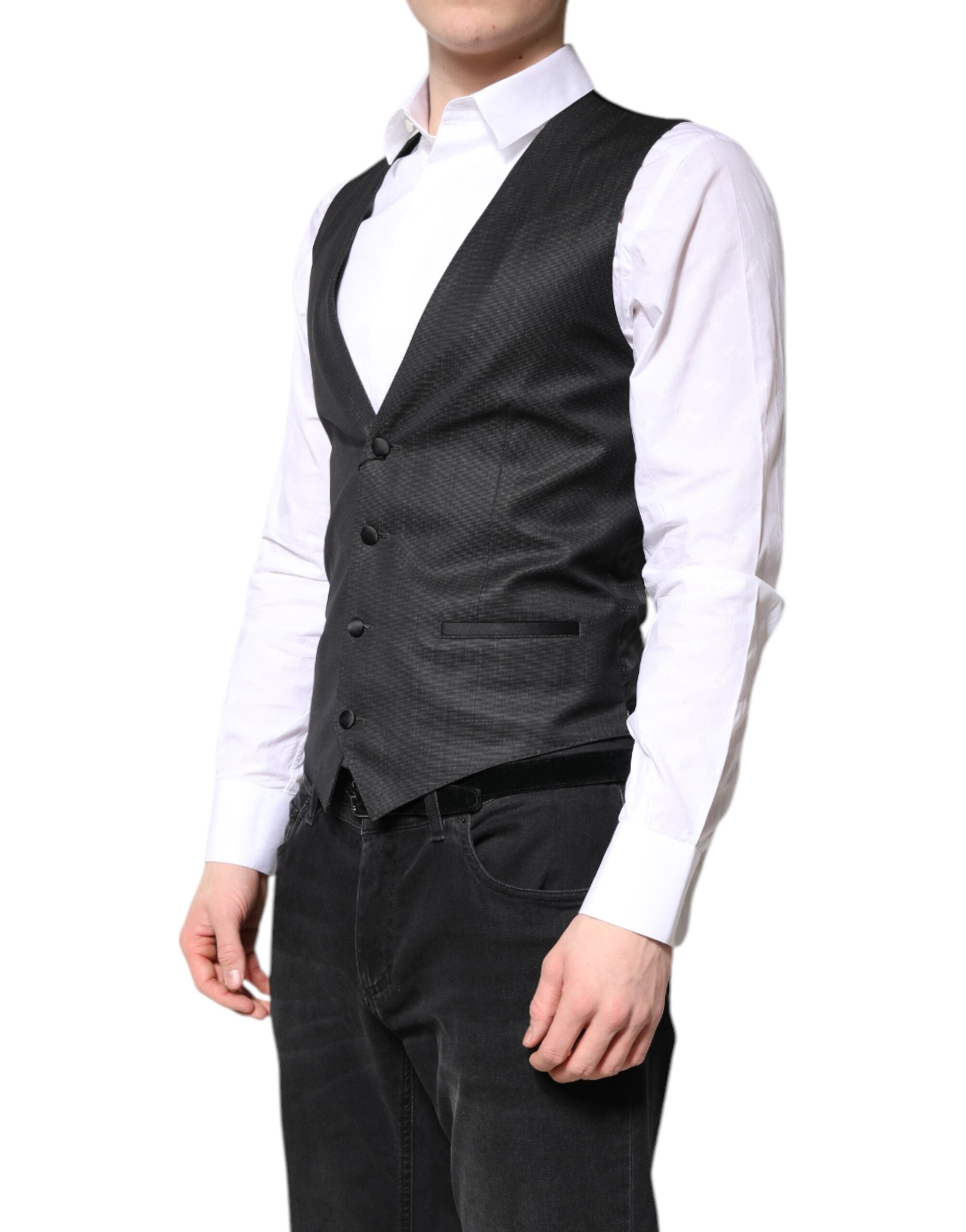 Gilet derobe en laine noire Dolce & Gabbana, veste formelle élégante pour femme, détails sophistiqués et coupe ajustée.