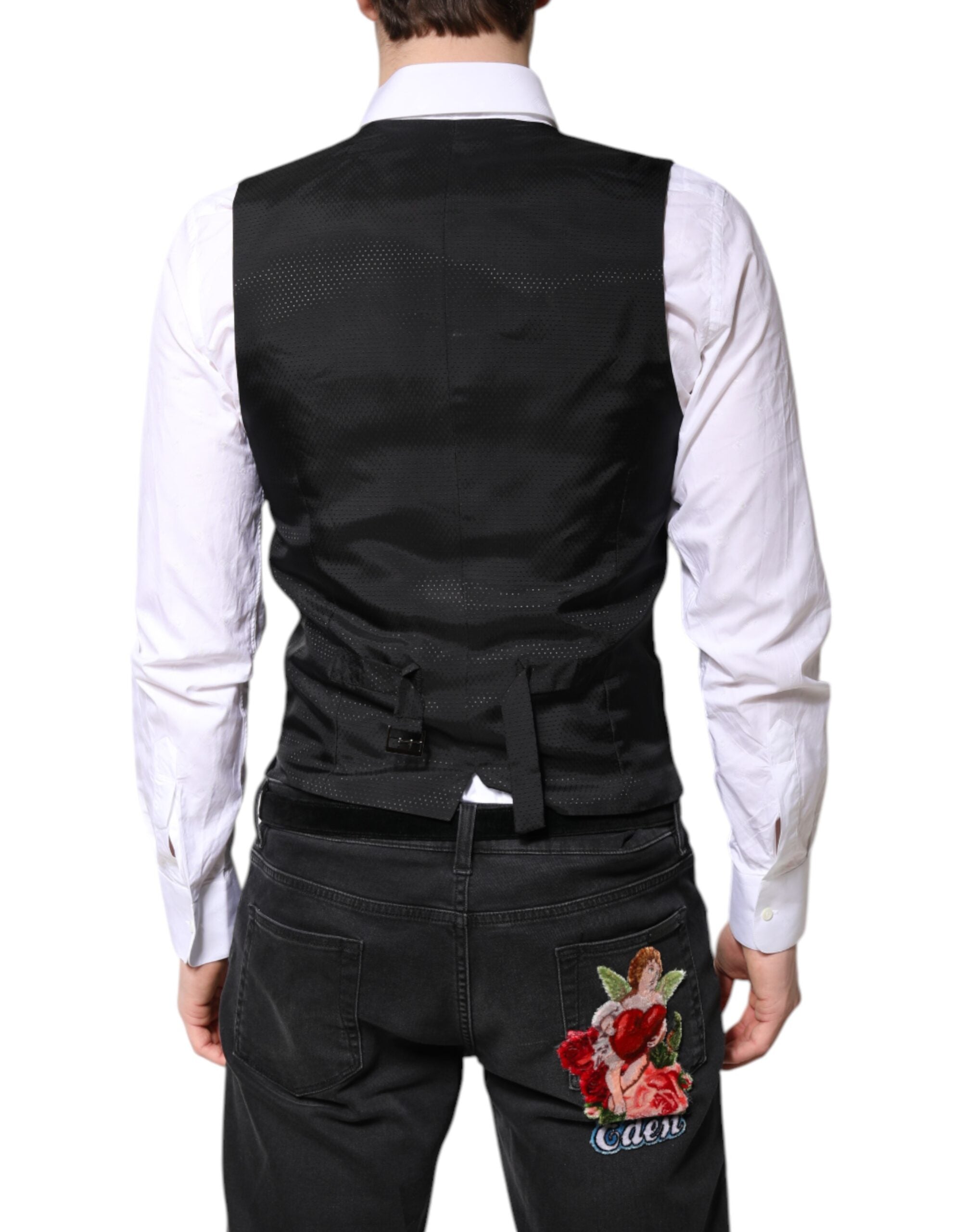 Gilet de robe en laine noire Dolce & Gabbana, vêtement formel élégant pour femme, avec détails sophistiqués.