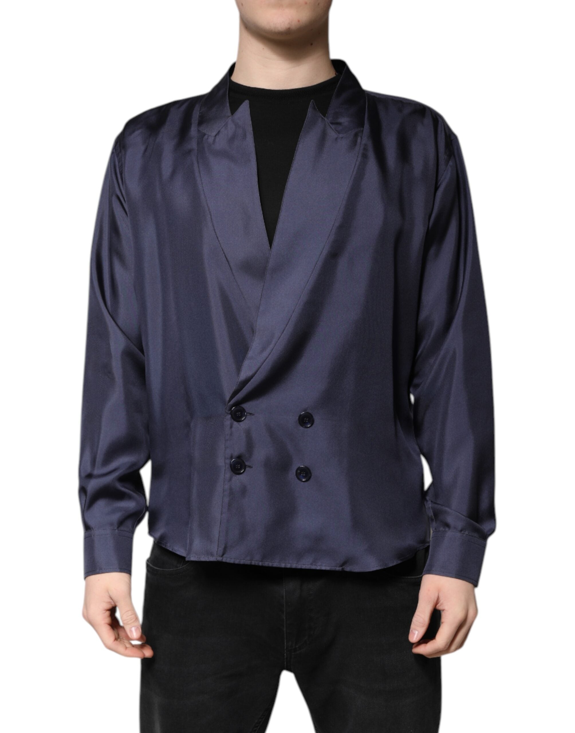 Chemise en soie bleue foncée Dolce & Gabbana à double boutonnage, élégante et sophistiquée pour homme.