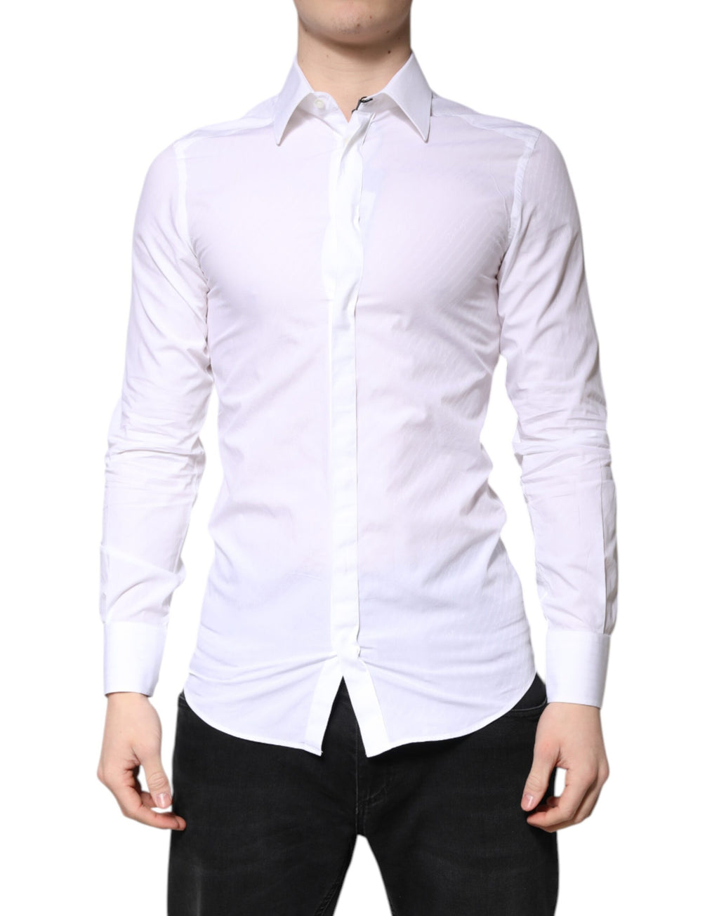 Chemise blanche en coton Dolce & Gabbana, robe formelle avec col, détails dorés pour un look élégant et sophistiqué.