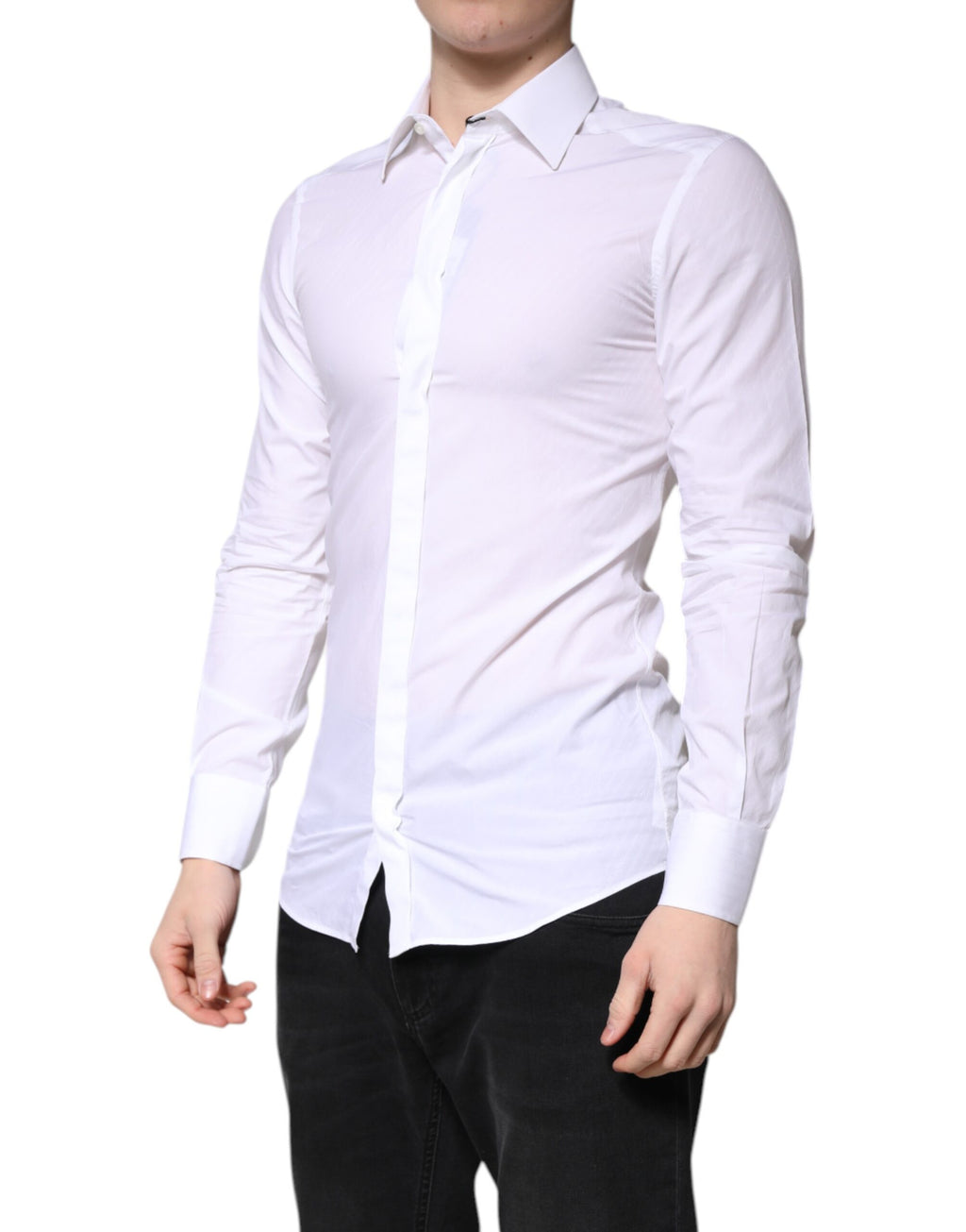 Chemise blanche en coton Dolce & Gabbana, robe formelle avec col, détails en or, tissu élégant et sophistiqué.