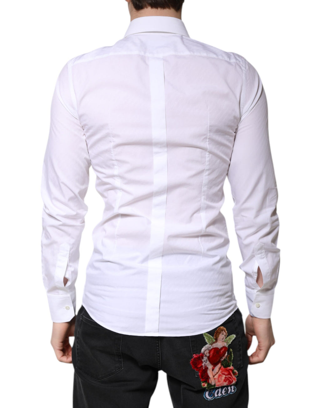 Chemise blanche en coton Dolce & Gabbana, robe formelle élégante avec col, détails dorés, style sophistiqué et chic.