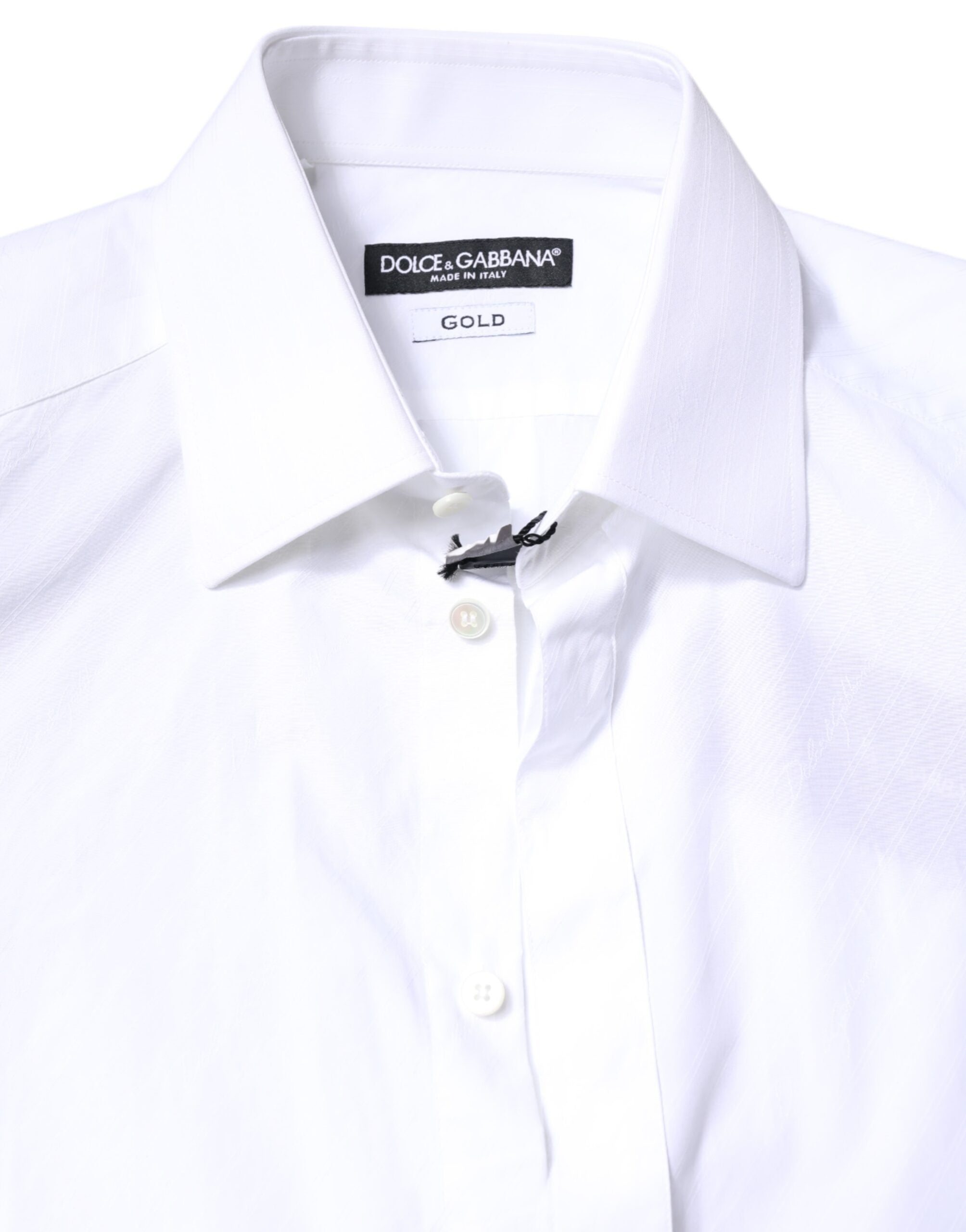 Chemise blanche en coton Dolce & Gabbana, robe formelle avec col, détails dorés, élégante et raffinée.