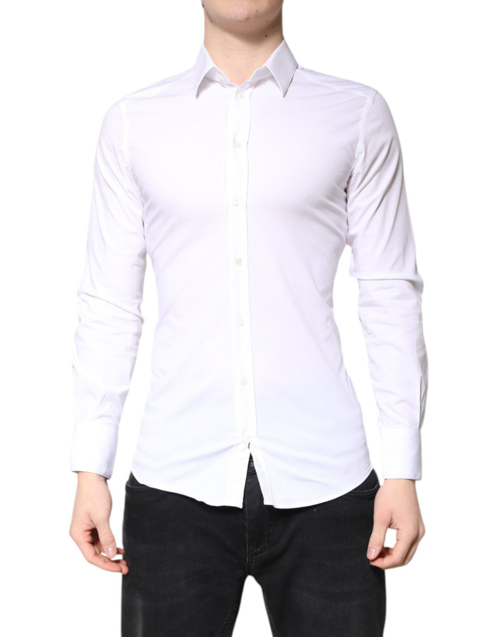 Chemise blanche en coton Dolce & Gabbana, robe formelle avec col, détails dorés, élégante et classique pour occasions spéciales.