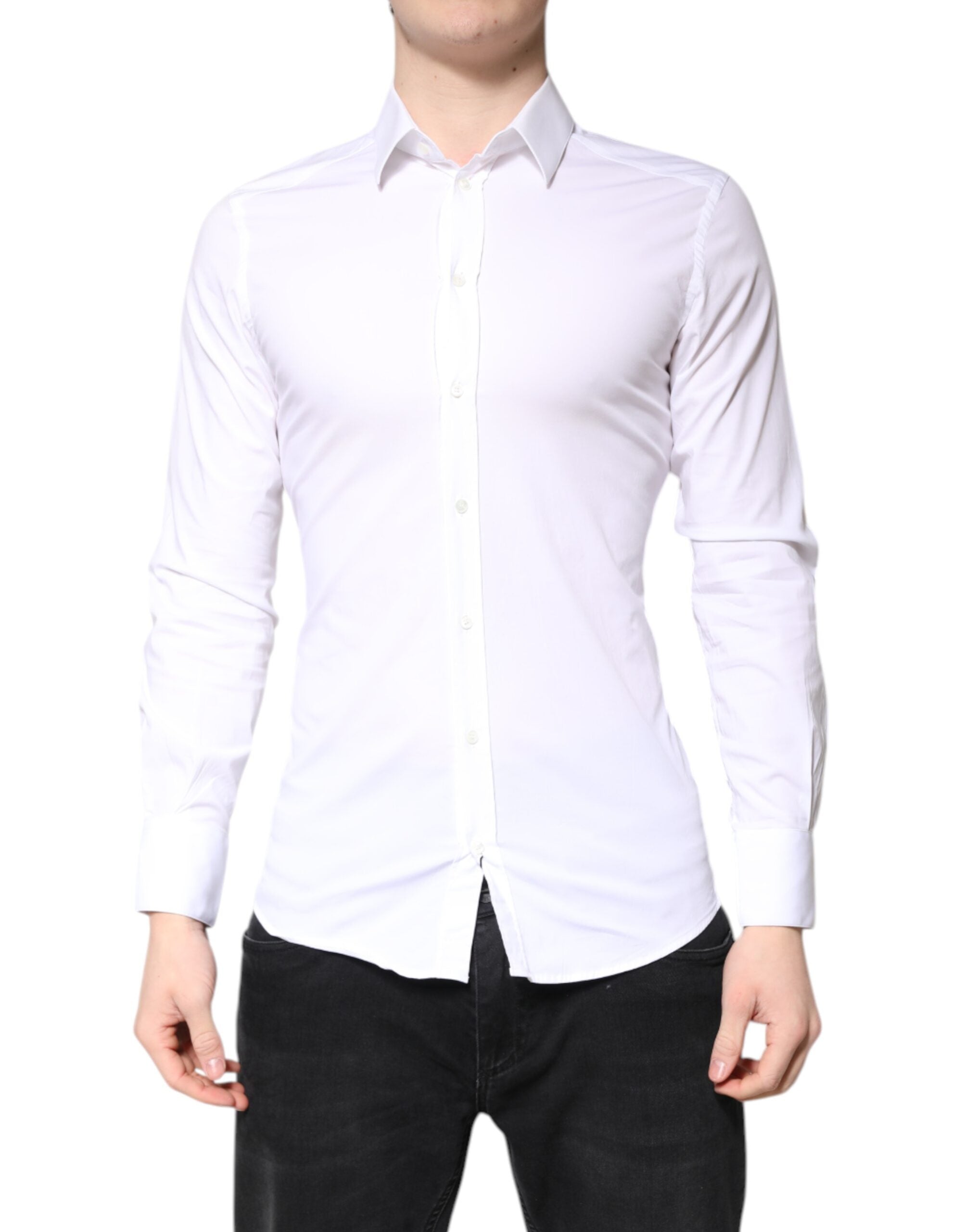 Chemise blanche en coton Dolce & Gabbana, robe formelle avec col, détails dorés, élégante et classique pour occasions spéciales.