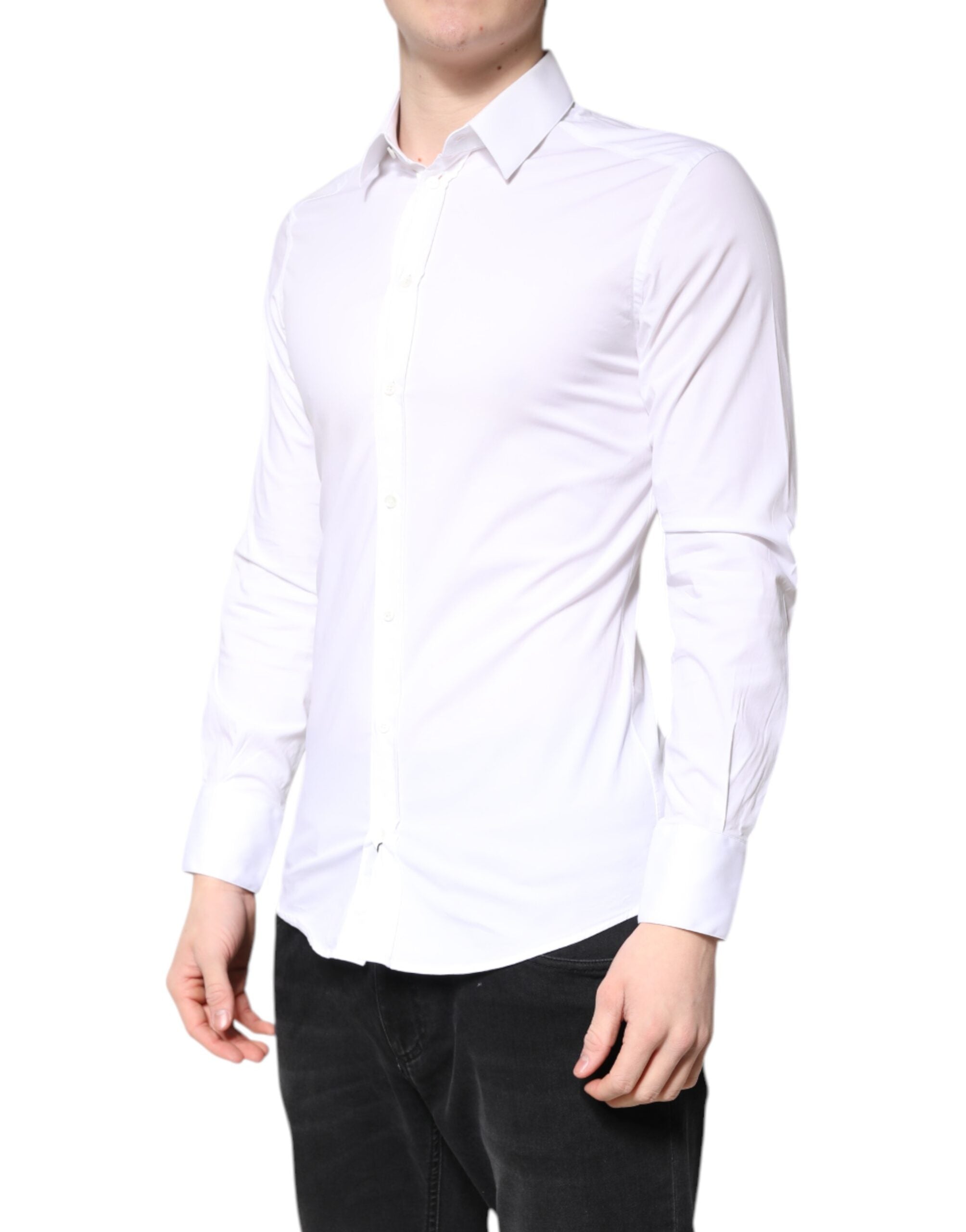 Chemise blanche en coton Dolce & Gabbana, robe formelle avec col et détails dorés, élégante et sophistiquée.