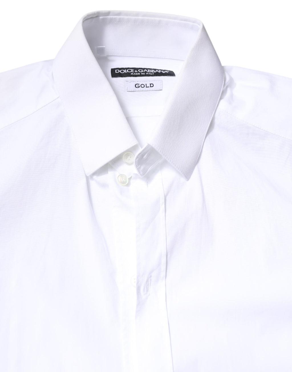 Chemise blanche en coton Dolce & Gabbana, robe de soirée formelle avec col classique et détails dorés.