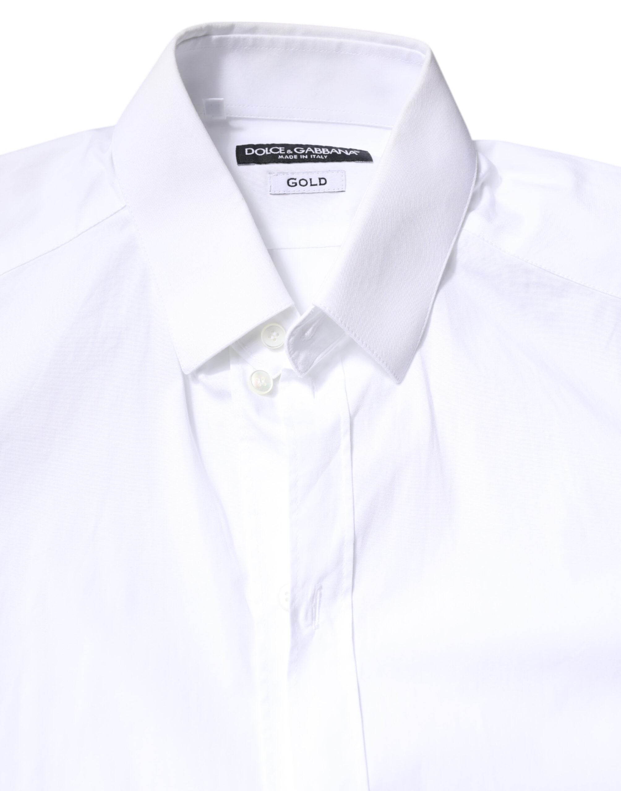 Chemise blanche en coton Dolce & Gabbana, robe de soirée formelle avec col classique et détails dorés.