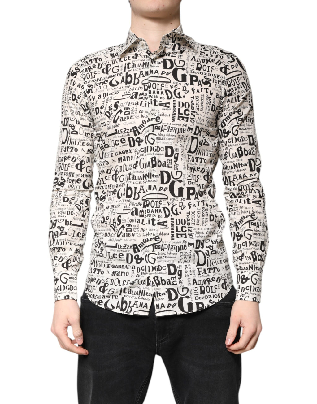 Chemise décontractée pour homme Dolce & Gabbana blanche et noire avec logo Martini, style casual, vue de face.