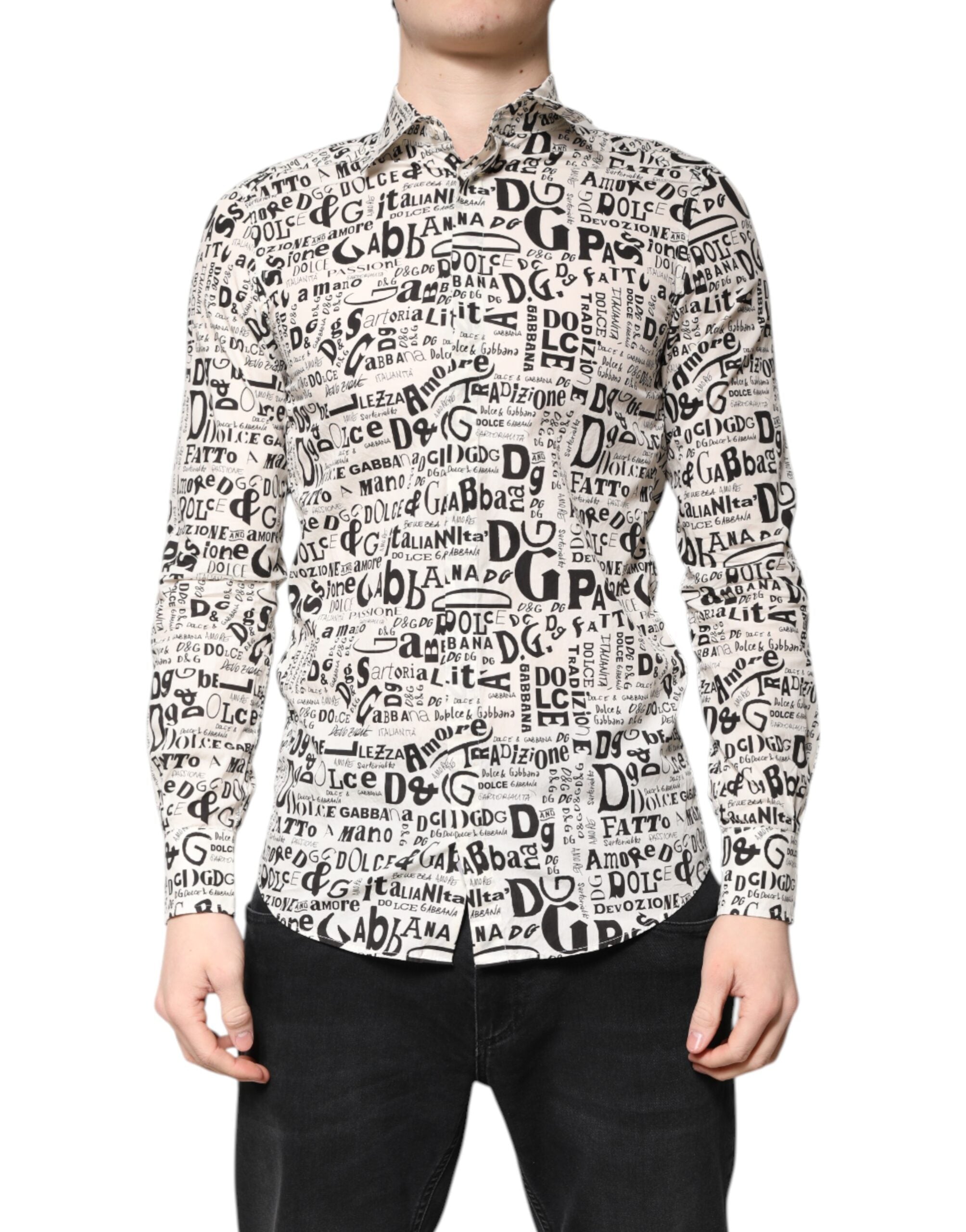 Chemise décontractée pour homme Dolce & Gabbana blanche et noire avec logo Martini, style casual, vue de face.