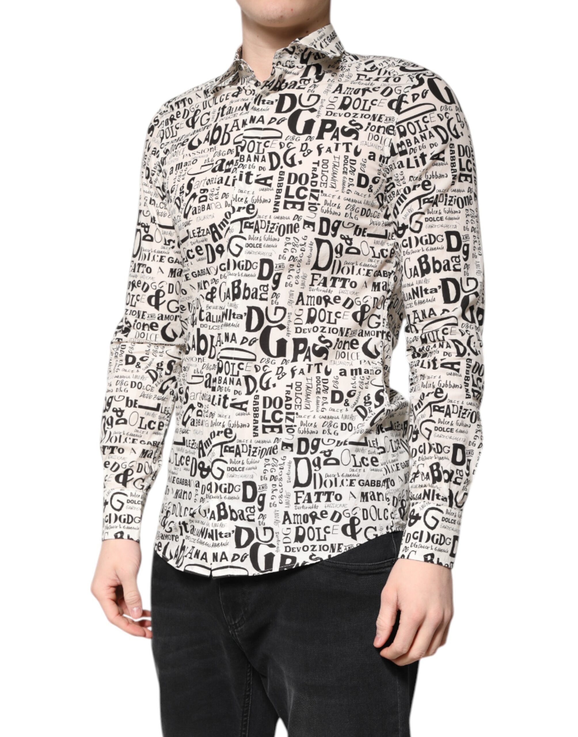 Chemise décontractée pour homme Dolce & Gabbana blanche et noire avec logo Martini visible, style casual et élégant.