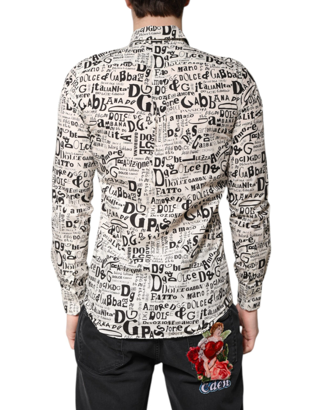 Chemise décontractée homme Dolce & Gabbana blanche et noire avec logo Martini, design élégant et moderne.