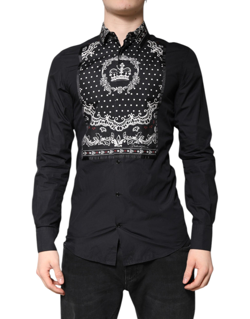 Chemise formelle Dolce & Gabbana à motif bandana noir et blanc avec détails dorés, élégante et sophistiquée.