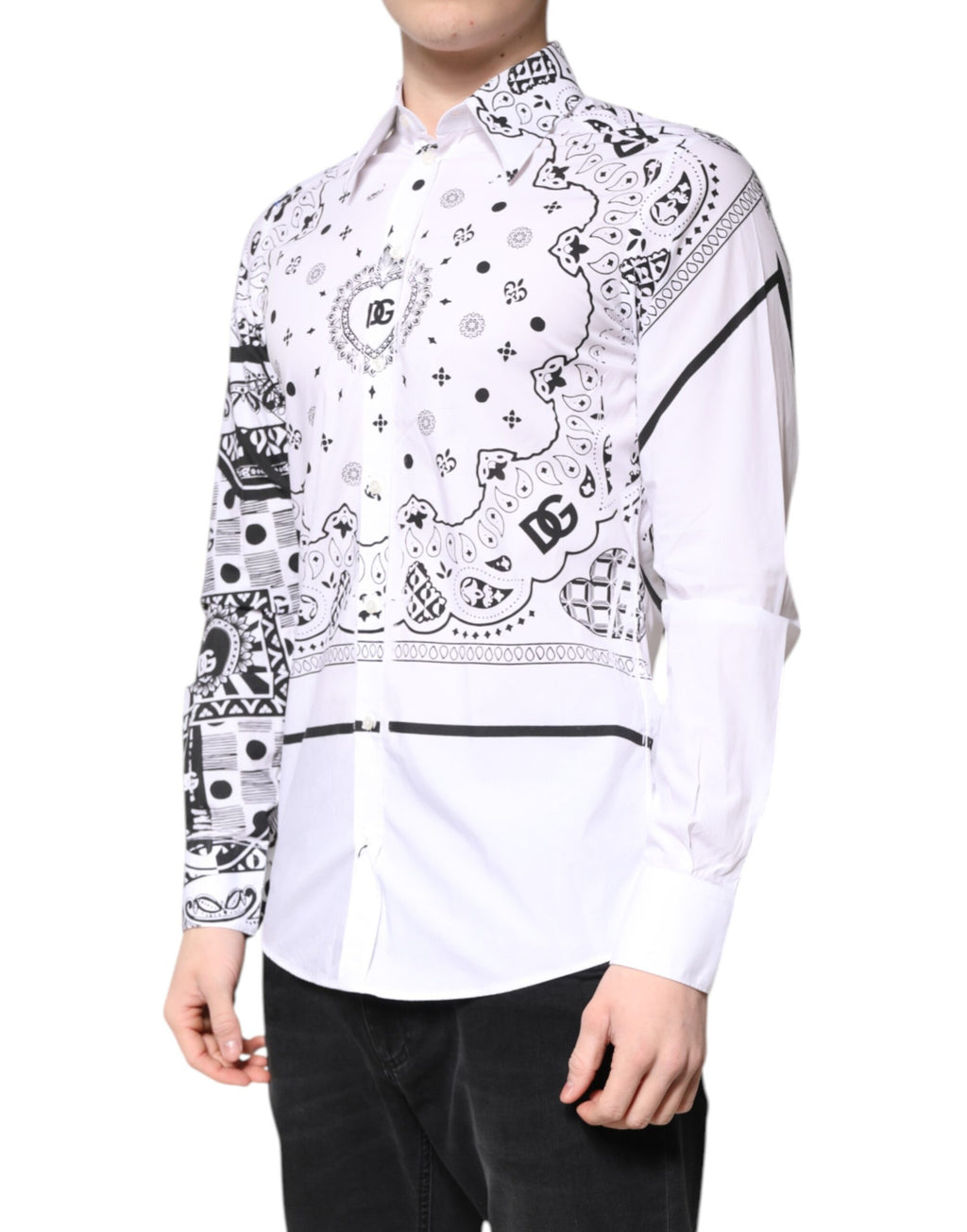 Chemise homme Dolce & Gabbana blanc et noir avec bandana élégant pour homme, style Martini et tenue habillée.
