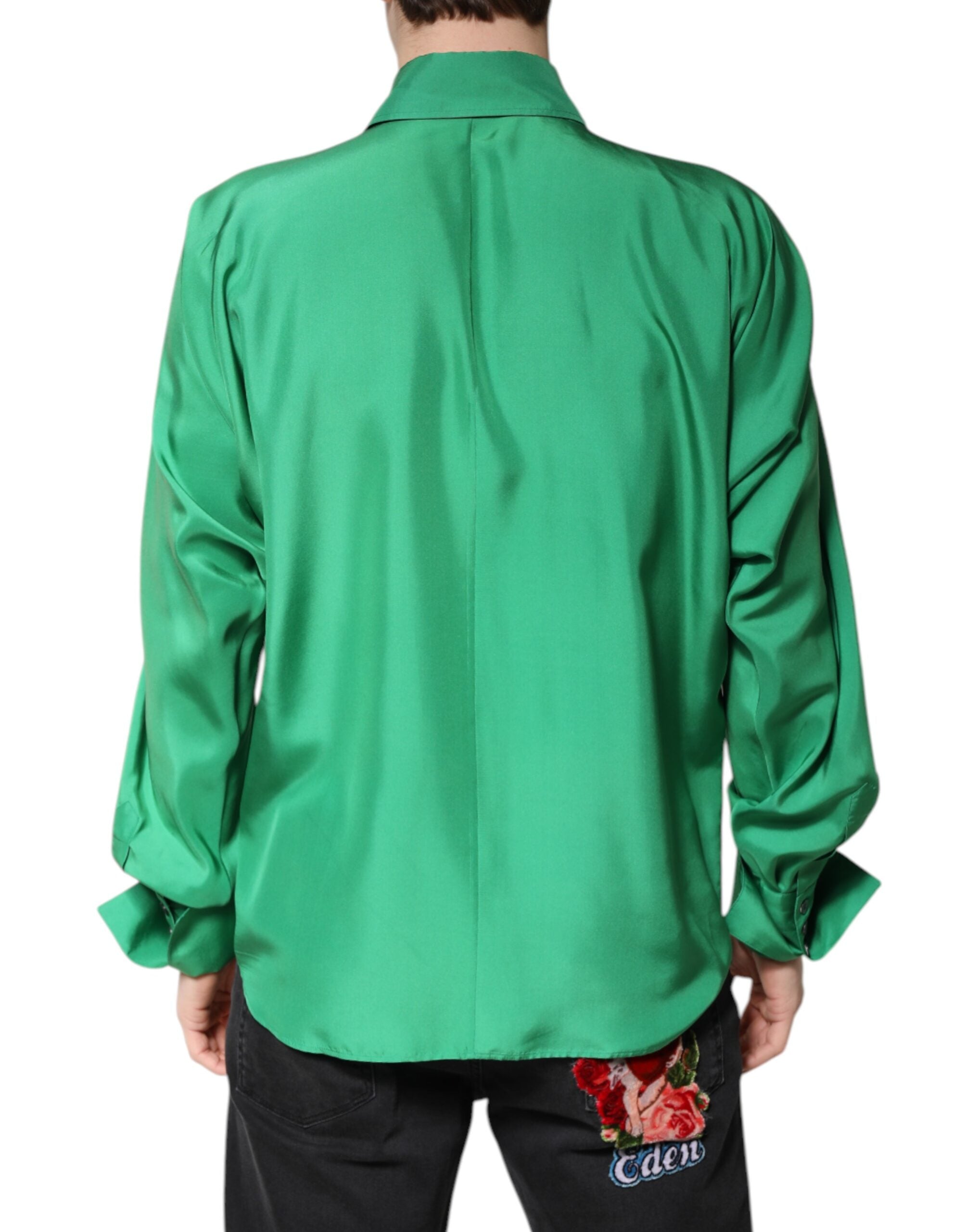 Chemise en soie satin vert Dolce & Gabbana à manches longues pour un style décontracté et élégant.