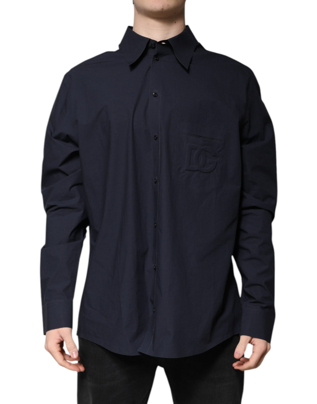 Chemise longue en coton bleu foncé de Dolce & Gabbana, avec manches longues et design élégant, vue de face.