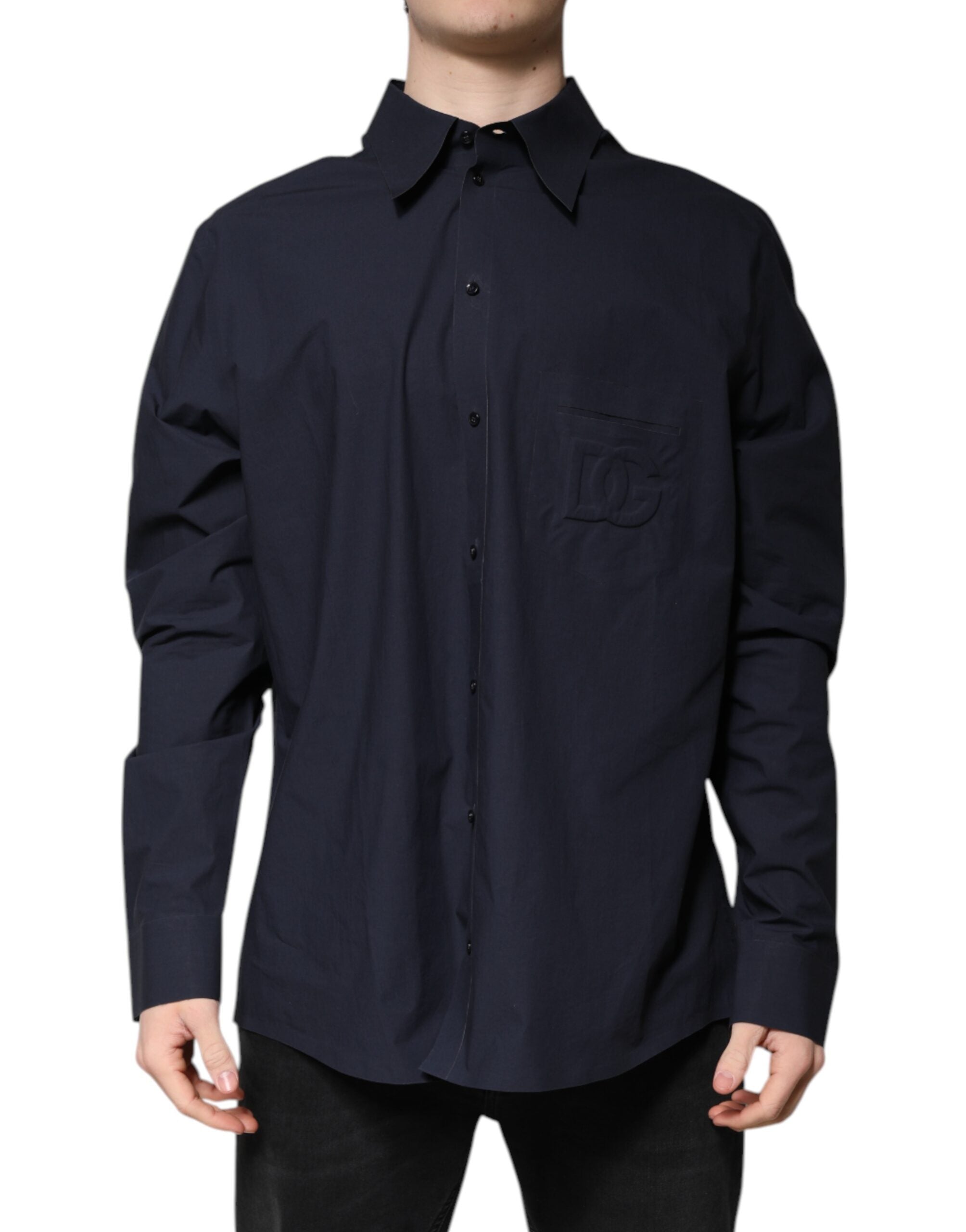 Chemise longue en coton bleu foncé de Dolce & Gabbana, avec manches longues et design élégant, vue de face.