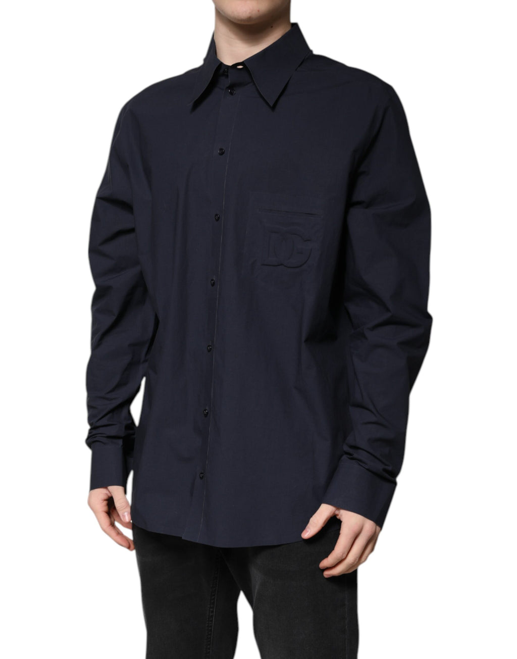 Chemise longue en coton bleu foncé de Dolce & Gabbana, à manches longues avec col classique, élégante et sophistiquée.