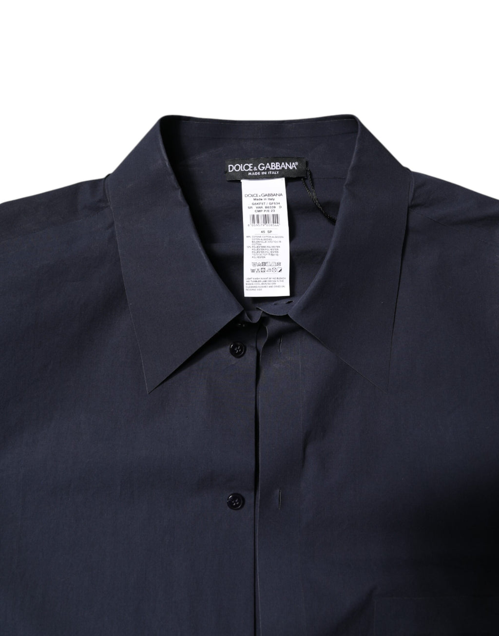 Chemise en coton bleu foncé Dolce & Gabbana à manches longues, élégante et classique, visible sur cette image.