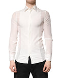 Chemise blanche en soie Dolce & Gabbana avec col formel et détails dorés, vue de face sur mannequin.