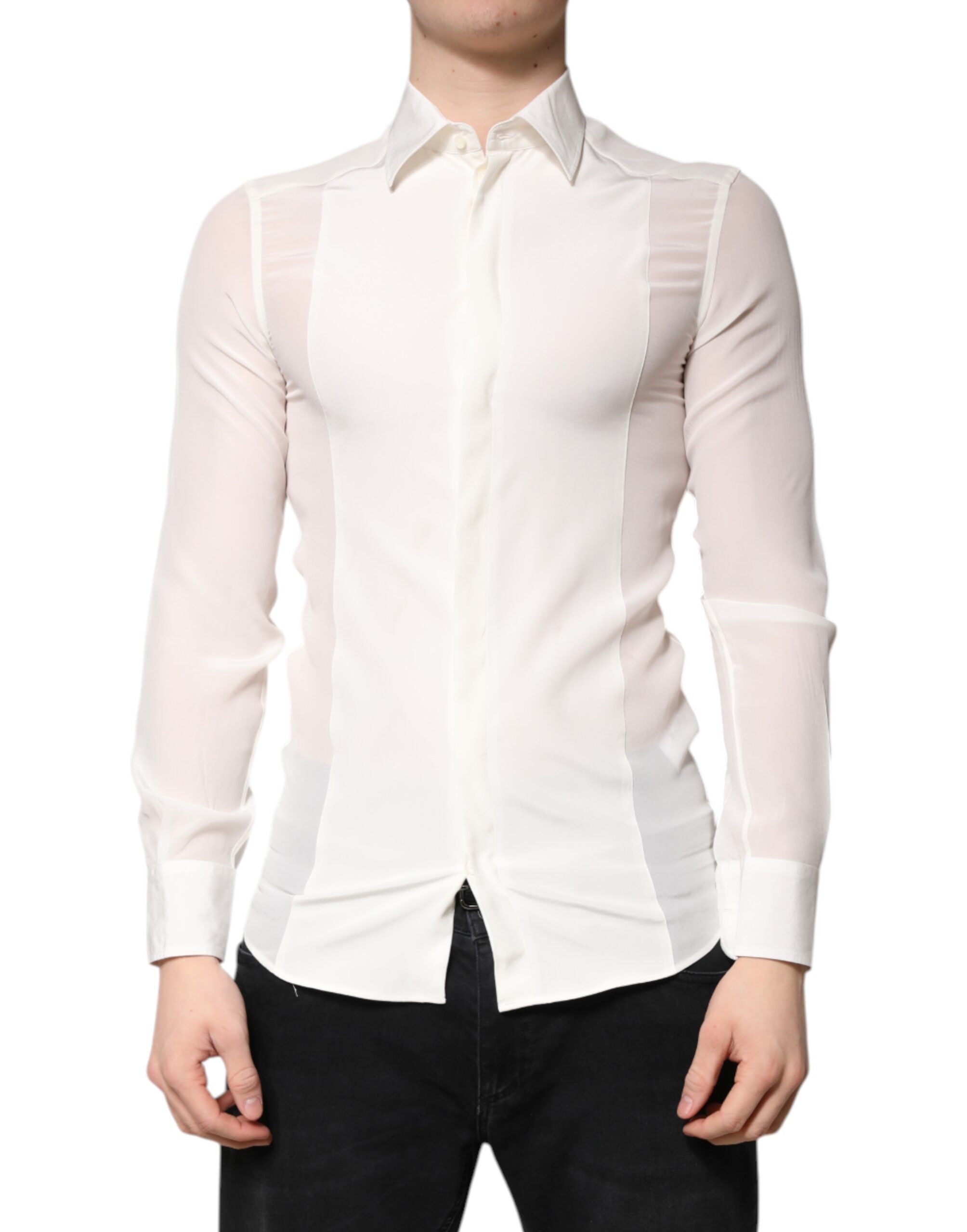 Chemise blanche en soie Dolce & Gabbana avec col formel et détails dorés, vue de face sur mannequin.