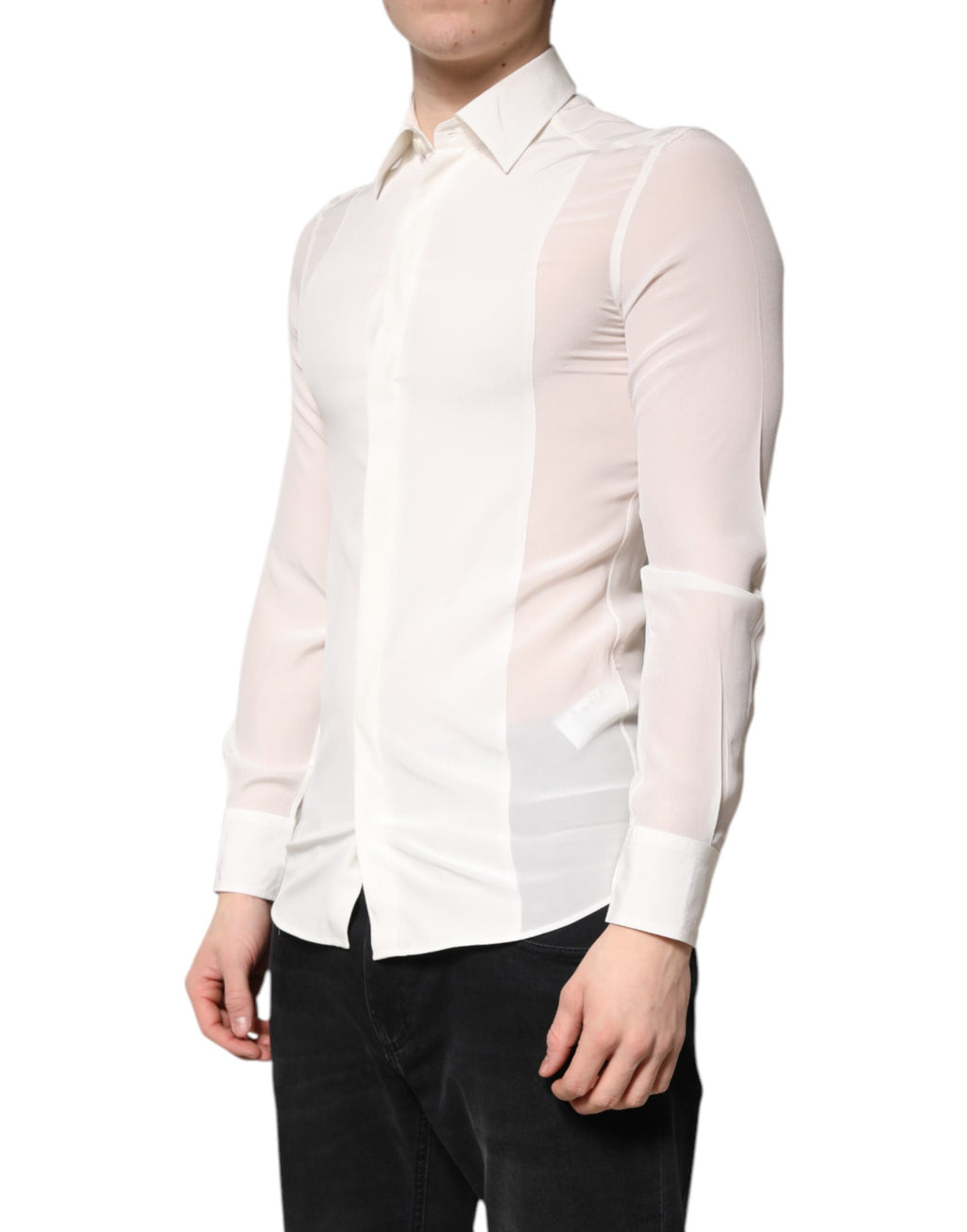 Chemise blanche en soie Dolce & Gabbana, robe de soirée élégante avec col formel et détails dorés.