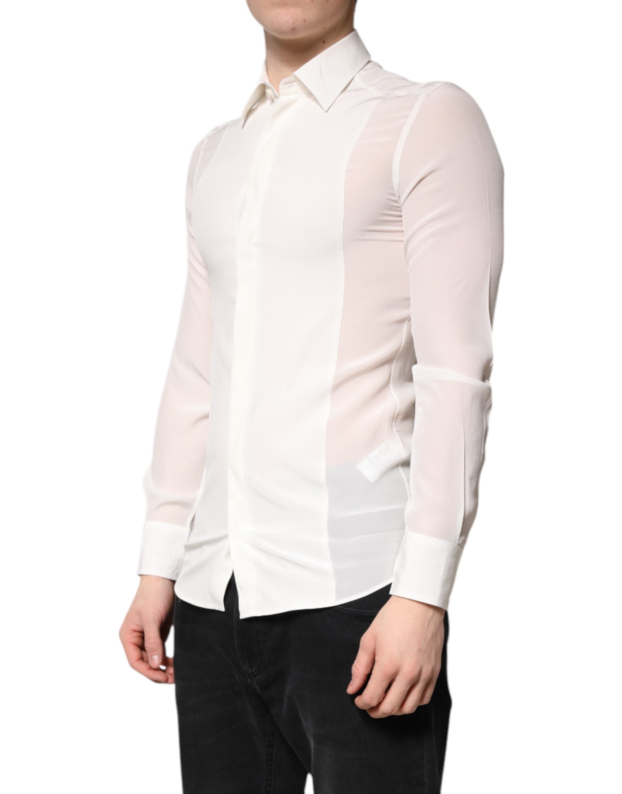 Chemise blanche en soie Dolce & Gabbana, robe de soirée élégante avec col formel et détails dorés.